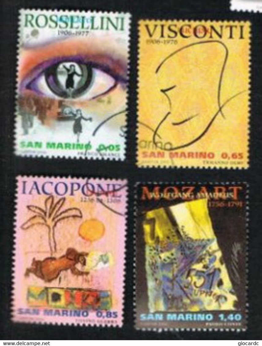 SAN MARINO      2006   ARTISTI: ROSSELLINI-VISCONTI-IACOPONE-MOZART (COMPLET SET OF 4) -  USED - Gebruikt