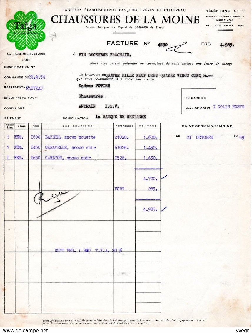 Facture +Lettre De Change -Chaussures DE LA MOINE Anciennement Ets Pasquier Frères, St-Germain Sur Moine (49 M-et-L)1959 - Old Professions