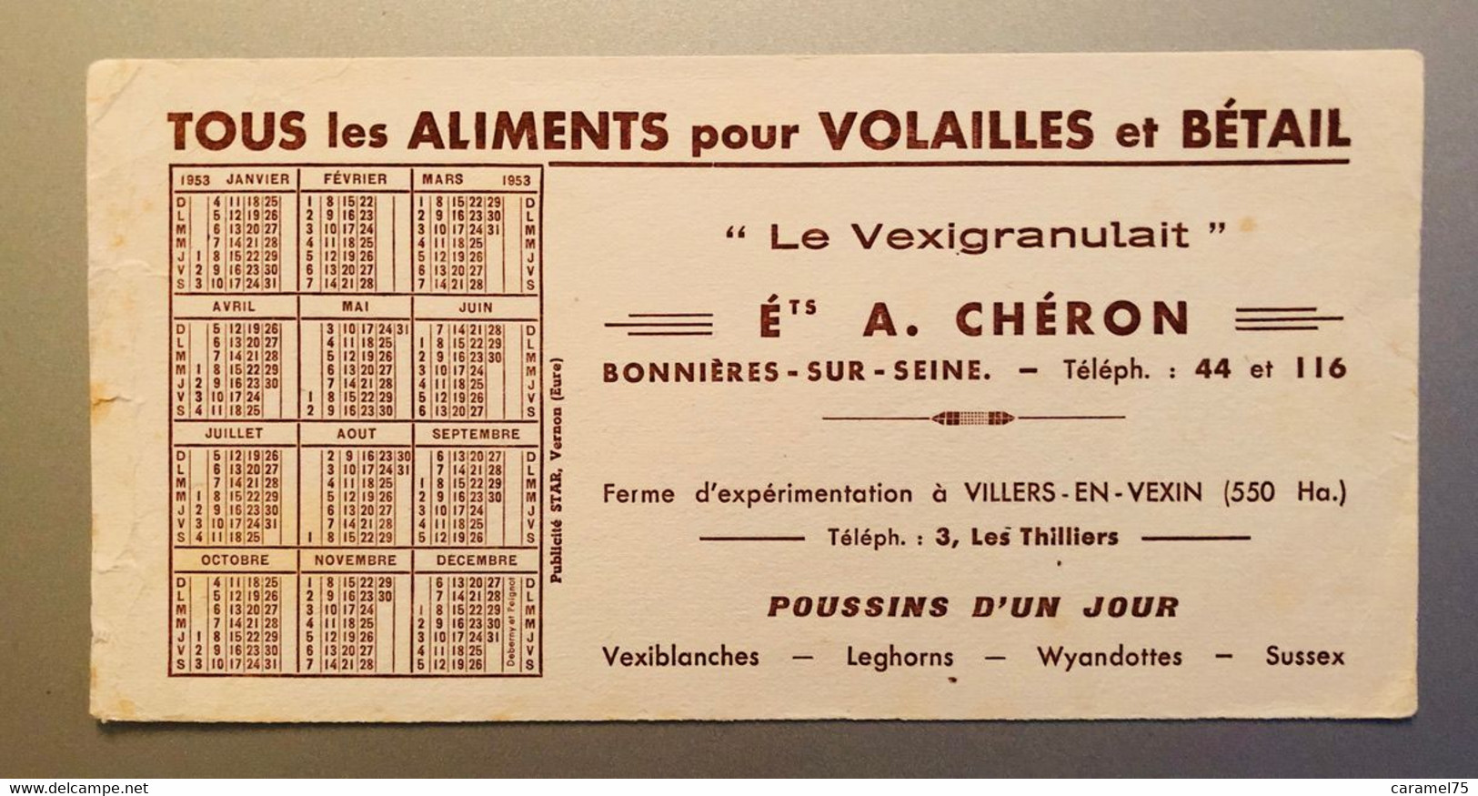 Buvard  LE VEXIGRANULAIT ALIMENT POUR VOLAILLES ET BETAIL   ETS CHERON  Calendrier De 1953 - Animals