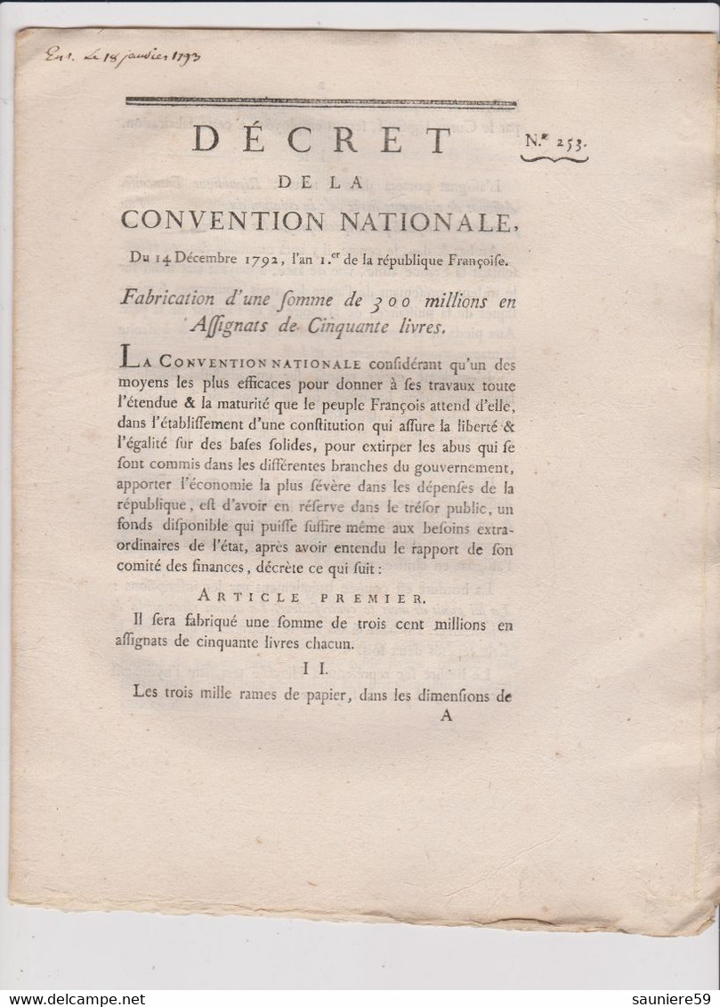 Rare Décret 1792 Numismatique Sur Fabrication 300 M D'assignats 5 L. Avec Cachet Rouge R.F. N° 253 - Historical Documents