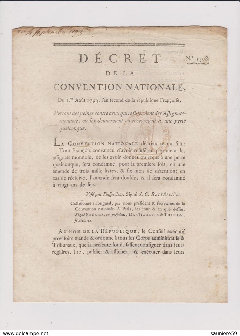 Rare Décret 1793 Numismatique Sur  Peines  Assignats  Avec Cachet Rouge R.F. N° 1308 - Historical Documents