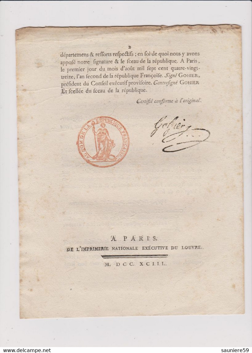 Rare Décret 1793 Numismatique Sur  Peines  Assignats  Avec Cachet Rouge R.F. N° 1308 - Historical Documents