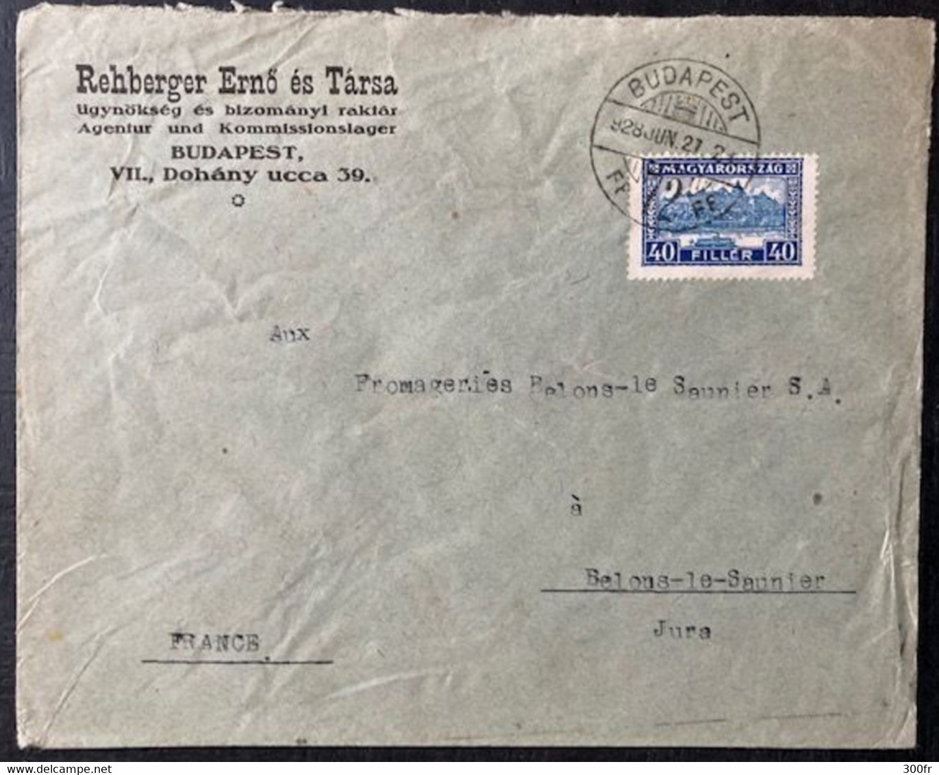 1928 REHBERGER ERNO ES TARSA BUDAPEST 40 FILLER POSTE PAR LONS LE SAUNIER FRANCA FRANCE - Other & Unclassified