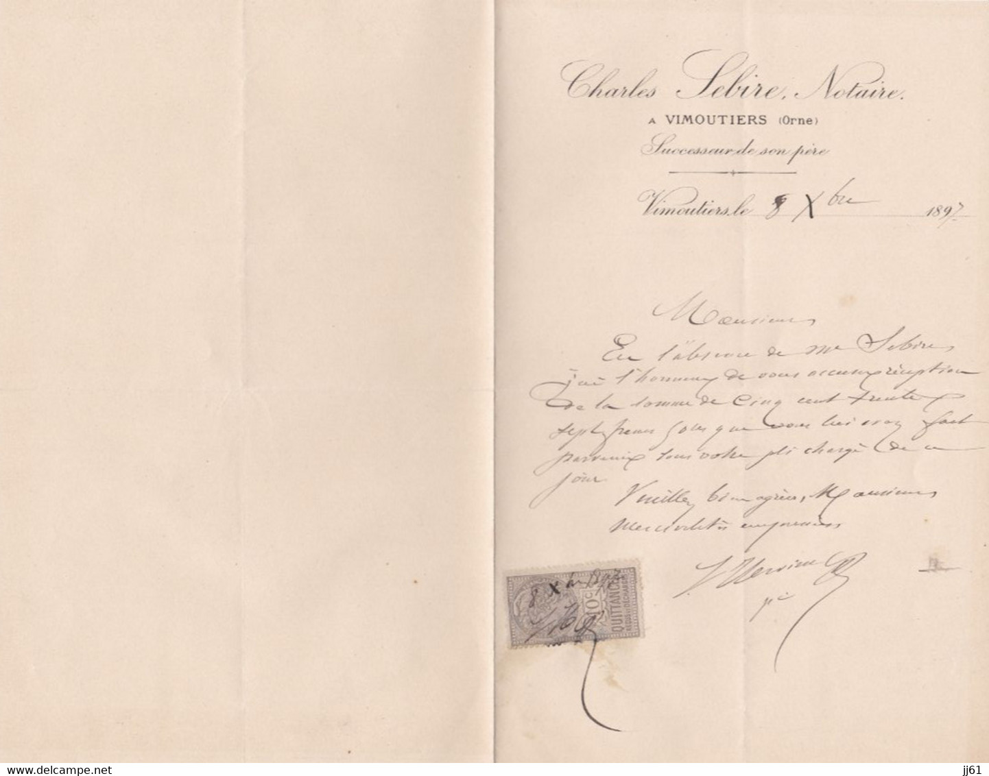 VIMOUTIERS CHARLES SEBIRE NOTAIRE LETTRE DOUBLE AVEC TIMBRE FISCAL ANNEE 1897 - Other & Unclassified
