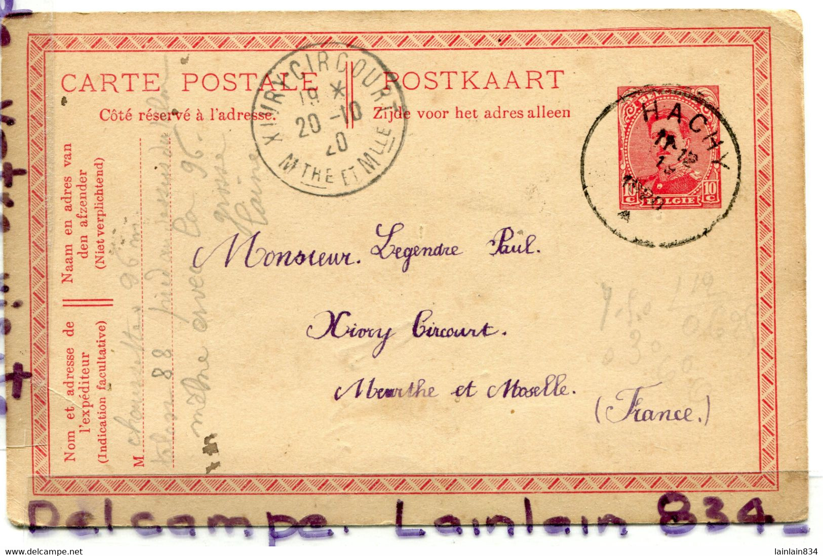 - Carte Postale - Belgique, 1920, Cachet HACHY, à Destination De Xivry  Circourt, TBE, Scans. - Altri & Non Classificati