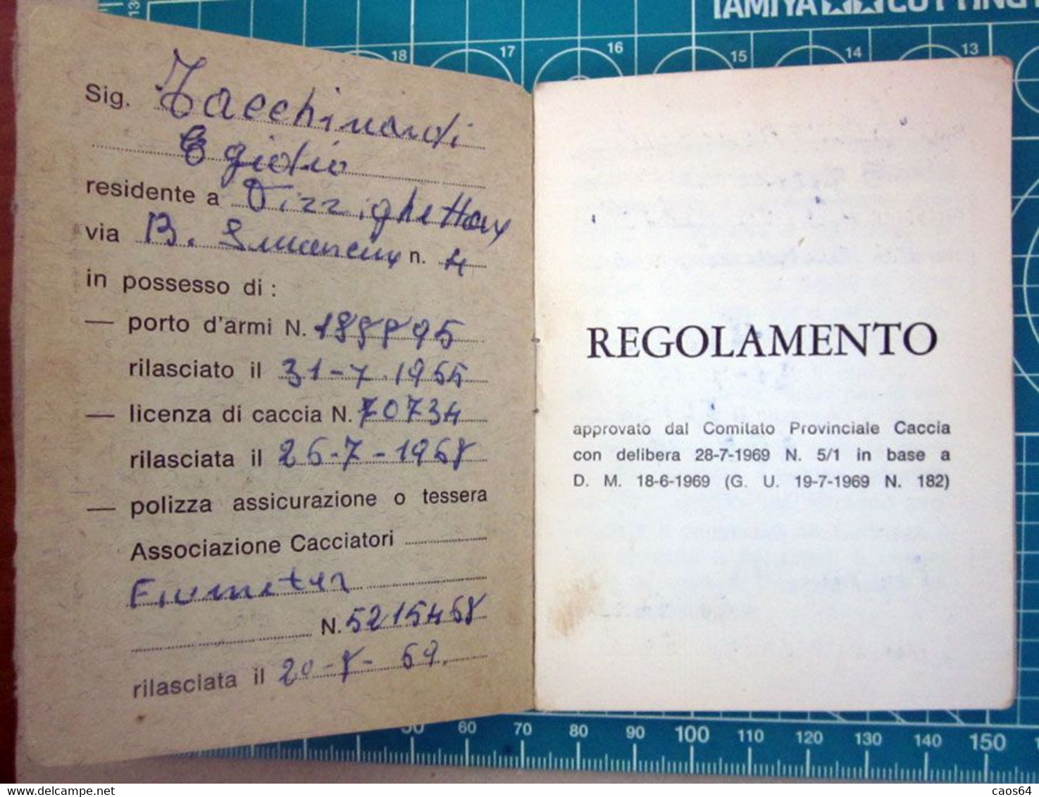 Tesserino Per L'esercizio Venatorio Cremona 1969 Regolamento - Tarjetas De Membresía