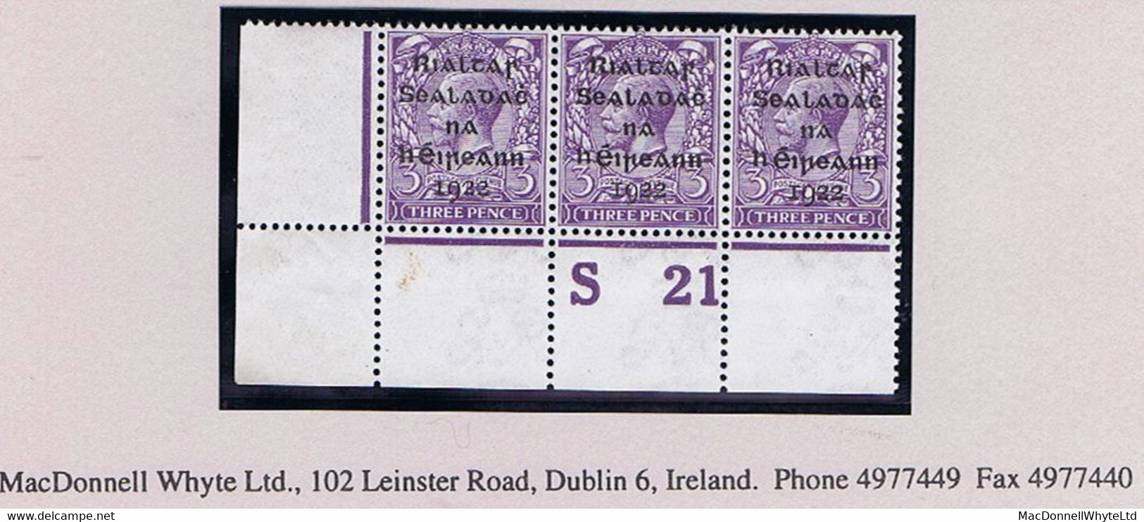 Ireland 1922 Dollard Rialtas Black Ovpt 3d Control S21 Perf Corner Strip Of 3 Mint Unmounted Never Hinged - Neufs