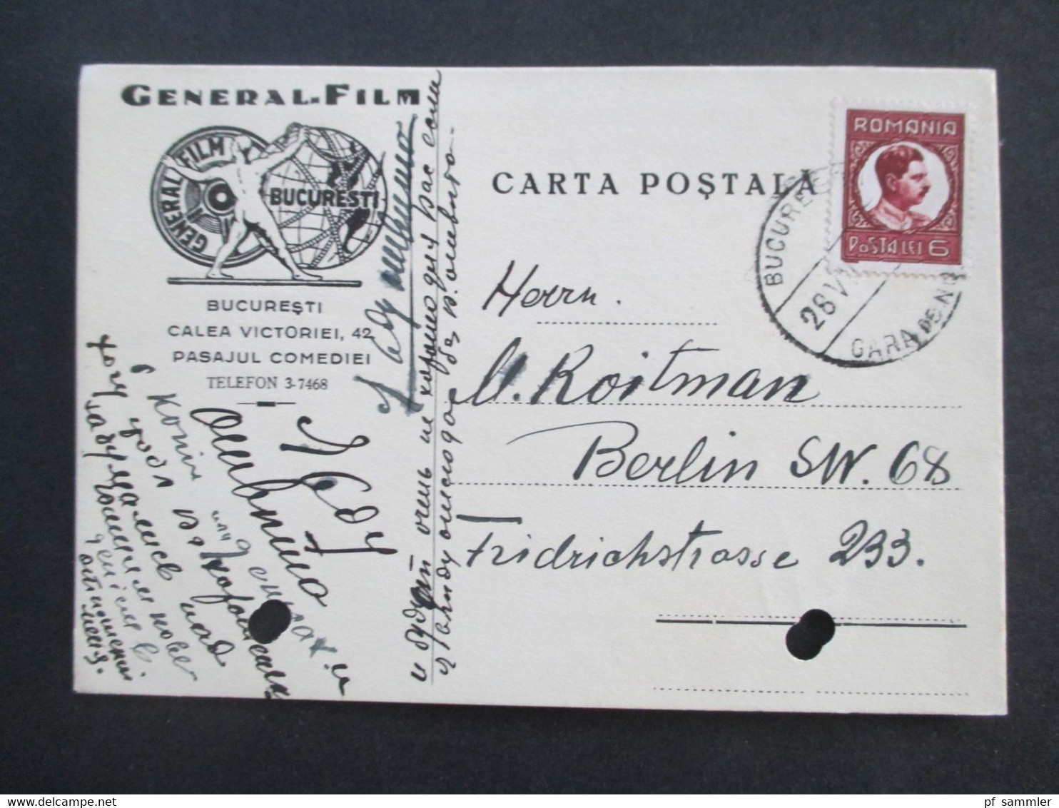 Rumänien Um 1930 Dekorative Firmen Postkarte General Film Bucuresti Cineastik - Cartas & Documentos