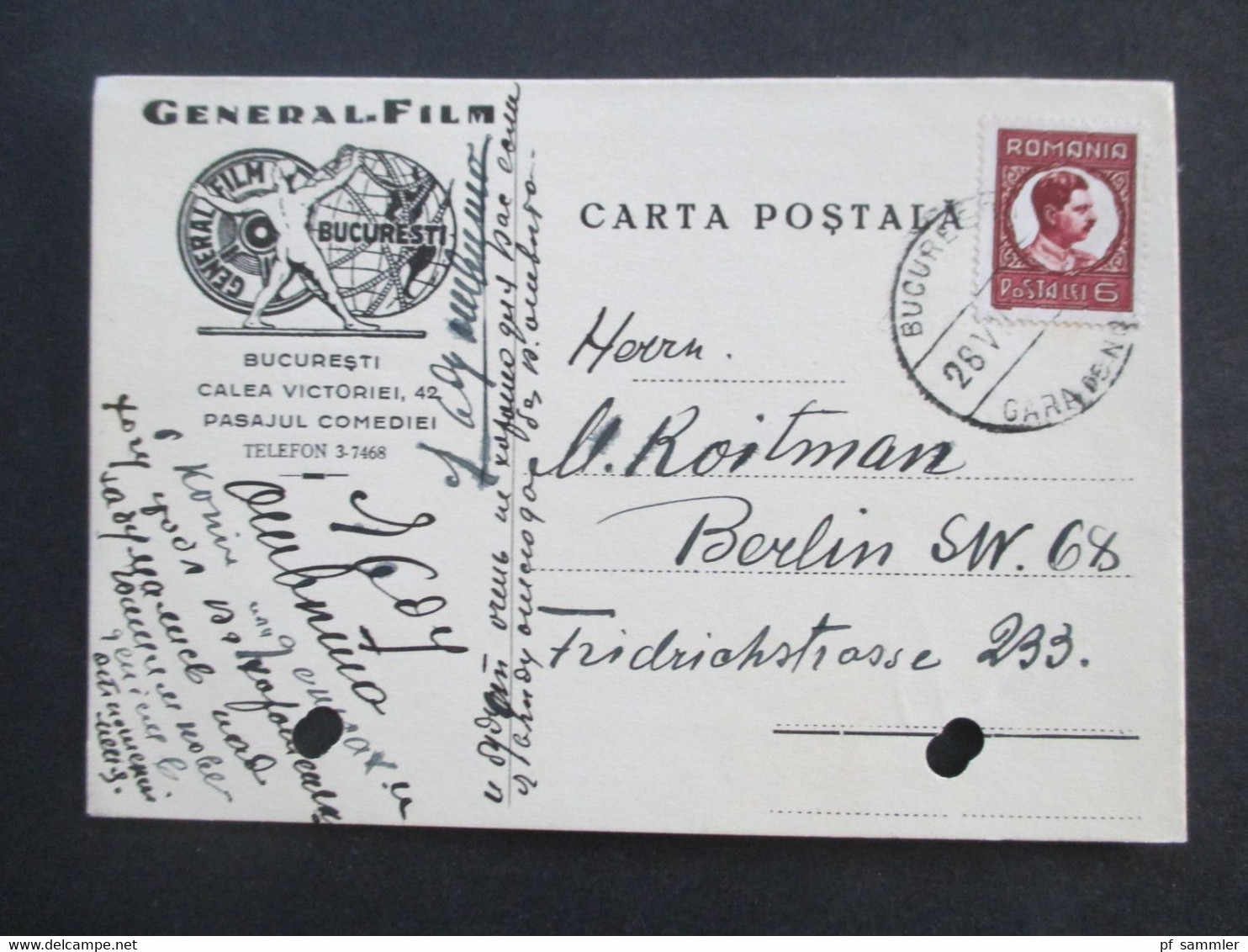 Rumänien Um 1930 Dekorative Firmen Postkarte General Film Bucuresti Cineastik - Lettres & Documents