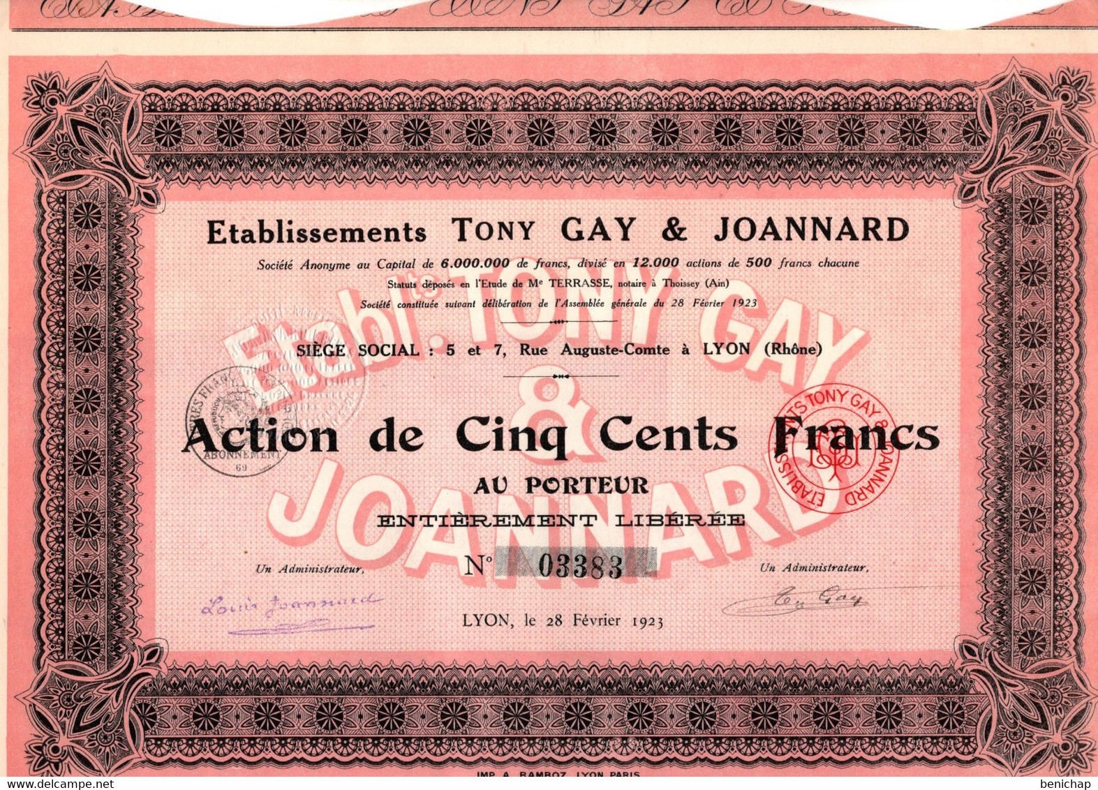 Action De 500 Frcs Au Porteur -  Etablissements TONY GAY & JOANNARD S.A. - Pelleterie - Lyon 1923. - Industry