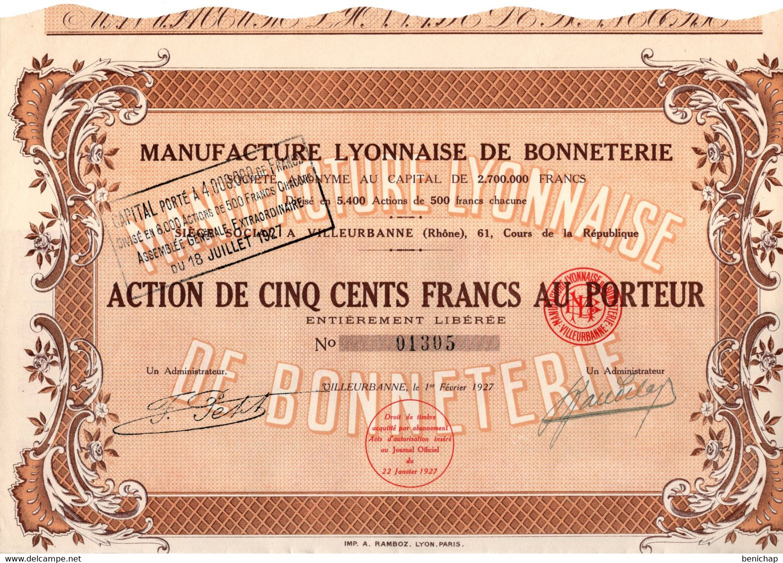 Action De 500 Frcs Au Porteur -  Manufacture Lyonnaise De Bonneterie S.A. - Villeurbanne - Rhône - 1927. - Textil