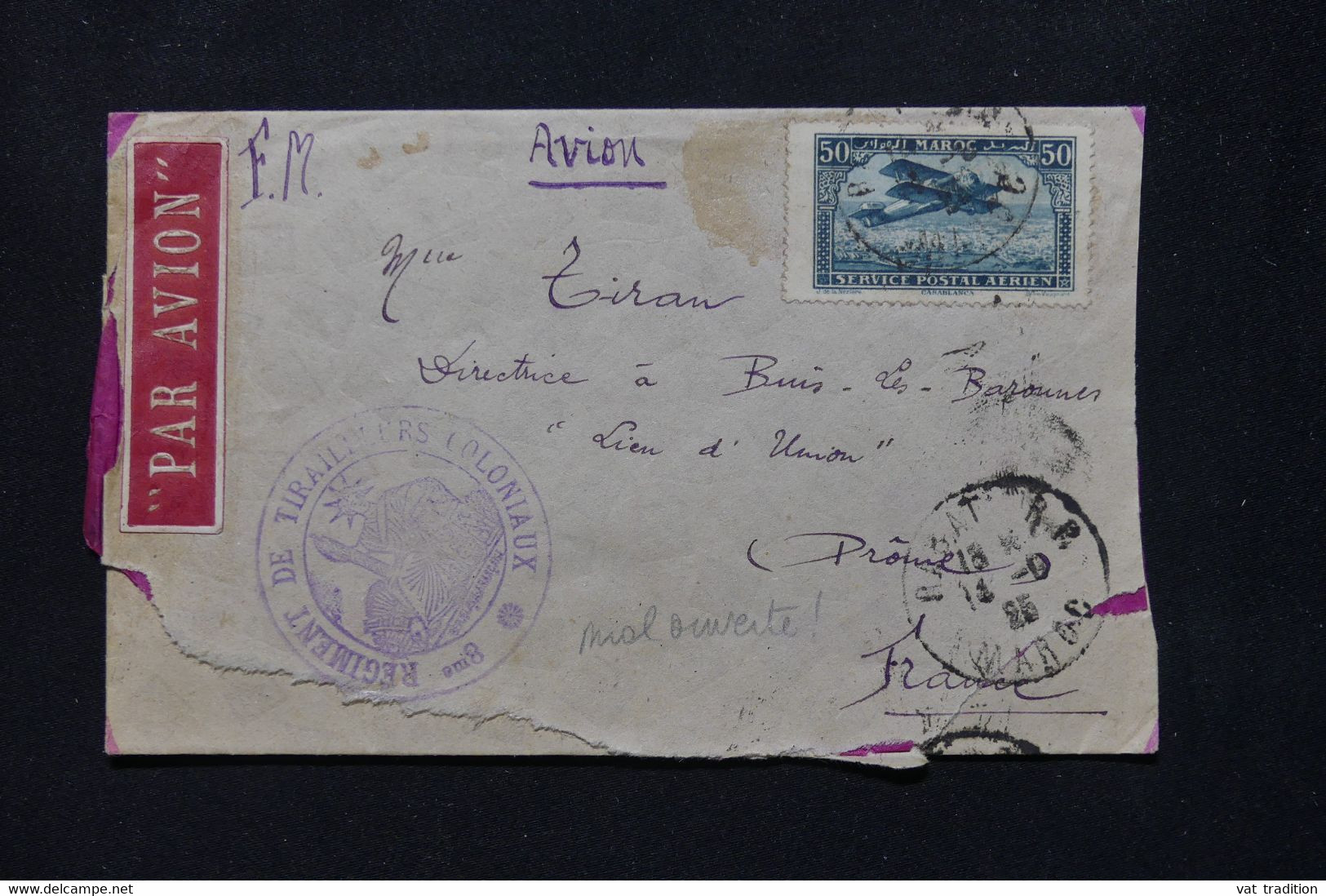 MAROC - Enveloppe En FM De Rabat Pour La France En 1925 Par Avion, Voir Cachet Militaire, étiquette D' Avion - L 79667 - Lettres & Documents