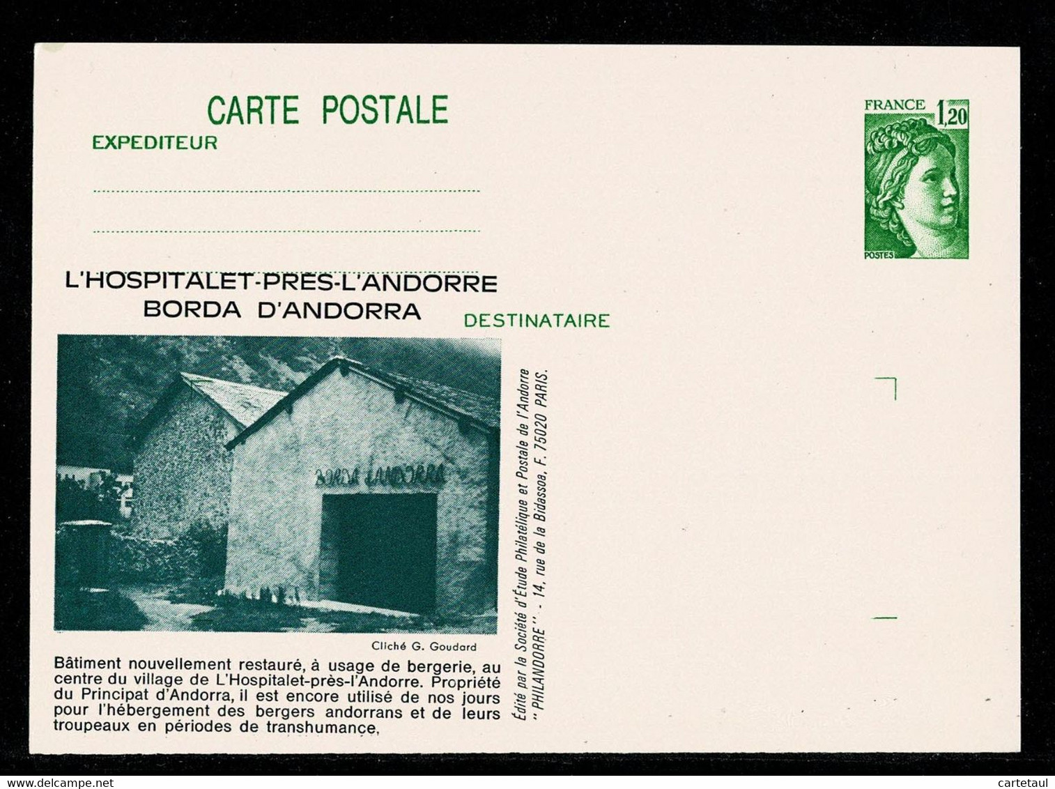 Entier CARTE POSTALE   Vert 1,20F Illustré  Borda D' ANDORRA L'Hospitalet Près L' Andorre NEUF SUP.  2 Scan - Altri & Non Classificati