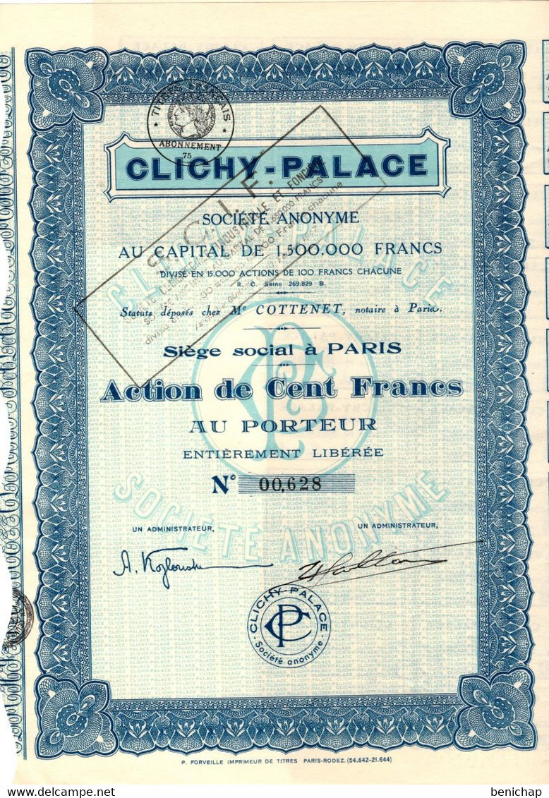 Action  De 100 Frcs Au Porteur -  Clichy-Palace S.A. - Cinéma - Paris. - Cine & Teatro