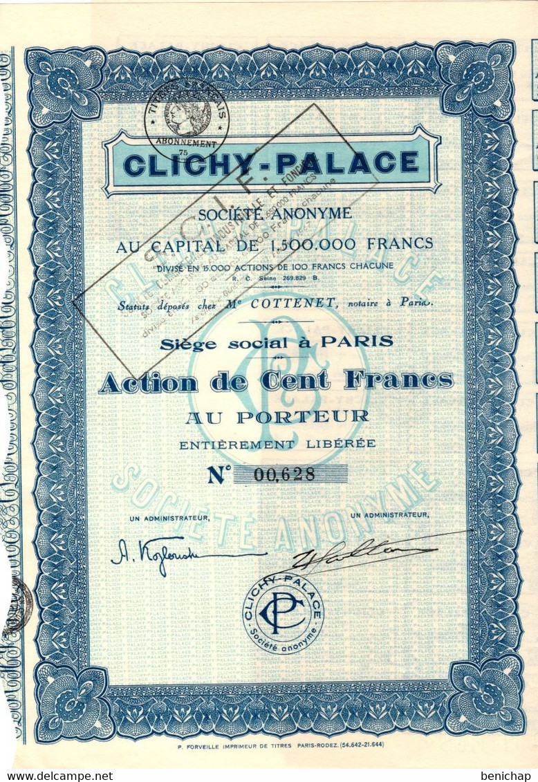 Action  De 100 Frcs Au Porteur -  Clichy-Palace S.A. - Cinéma - Paris. - Film En Theater