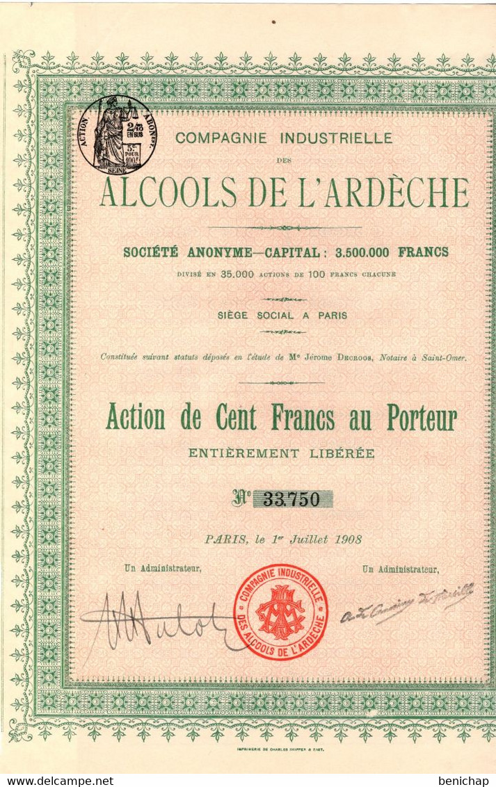 Action  De 100 Frcs Au Porteur -  Alcools De L'Ardèche S.A. - Paris 1908. - Industrie