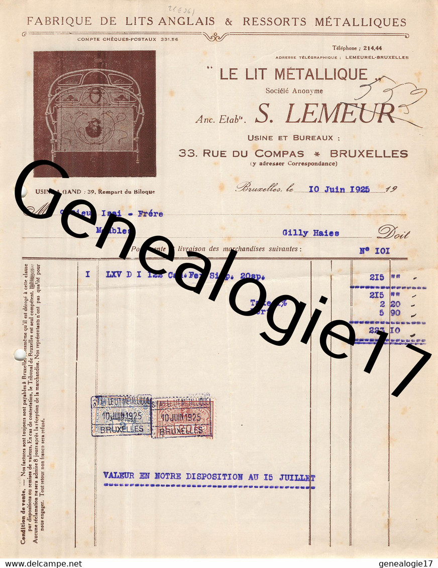 96 2745 BELGIQUE BRUXELLES 1925 Fabrique De Lits Anglais S. LEMEUR Rue De Compas Usine A GAND Rempart Biloque - Petits Métiers