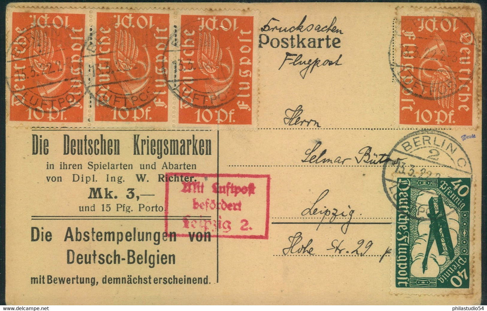 1922, Drucksachenkarte Per Luftpost BERLIN-LEIPZIG Mit Bestätigungsstempel Von Leipzig 2 - Autres & Non Classés