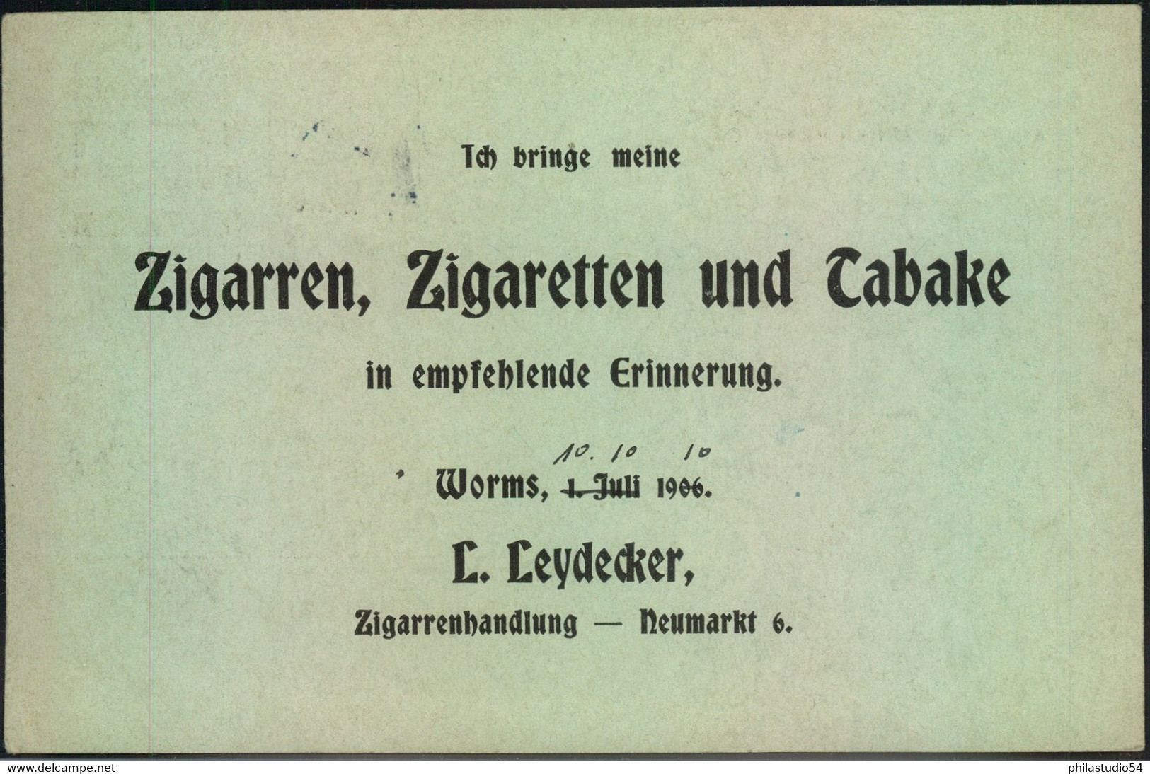 1910, Drucksachen-Postkarte Mit Rückseitiger Anzeige "leydecker, Worms Zigarren, Zigaretten Und Tabak" - Autres & Non Classés
