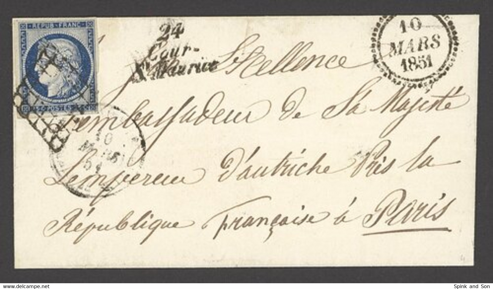 X France 1849-52 First Issue 1851 (10 Mar.) Envelope To Paris Bearing 25c. Blue Tied By Grille Cancellation, 24/ Cour-/  - Sin Clasificación