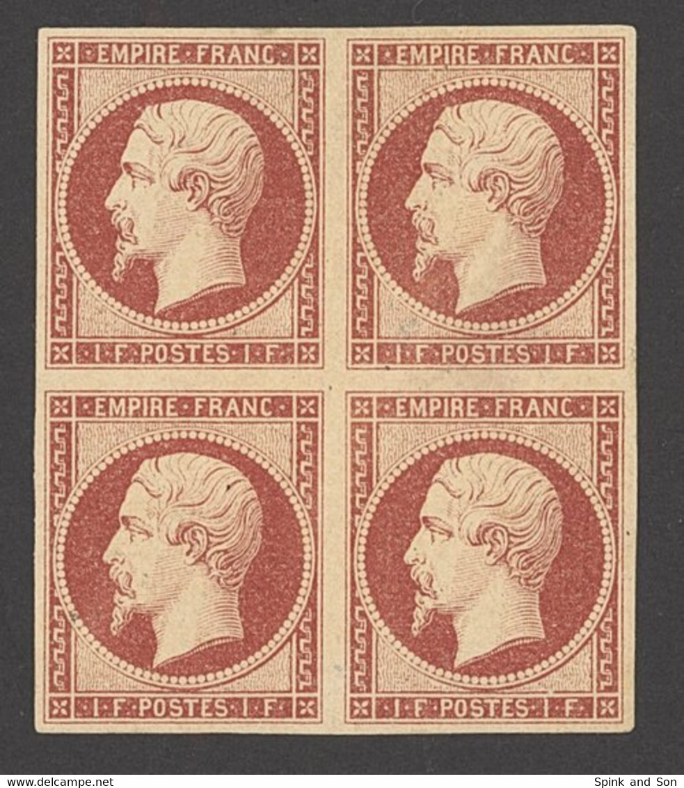 X France 1853-60 Imperforate "Empire" Issue 1f. Carmine, Block Of Four With Large Even Margins, Full Original Gum, A Few - Sin Clasificación