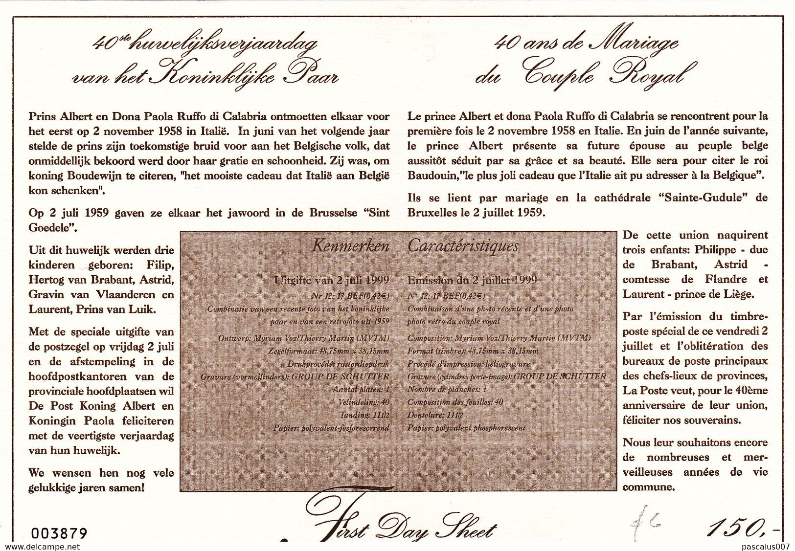 B01-223 A6 1999-12 2828 Dynastie First Day Sheet FDS 2-7-1999 40 Ans Du Mariage Du Couple Royal - 1991-2000