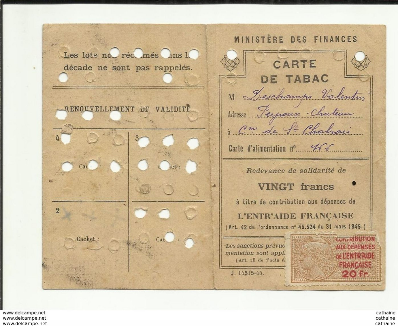 23 GUERRE 39/45  .RATIONNEMENT .CARTE DE TABAC .DEBIT N°79 . GUERET . ET DEUX CARTES DE RATION FEMININE . SAINT CHABRAIS - Dokumente