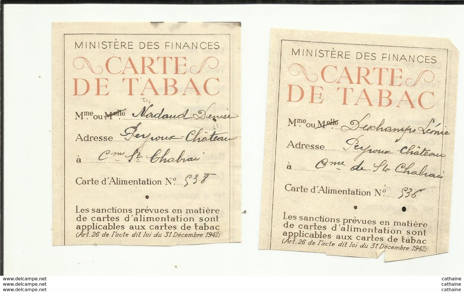 23 GUERRE 39/45  .RATIONNEMENT .CARTE DE TABAC .DEBIT N°79 . GUERET . ET DEUX CARTES DE RATION FEMININE . SAINT CHABRAIS - Dokumente