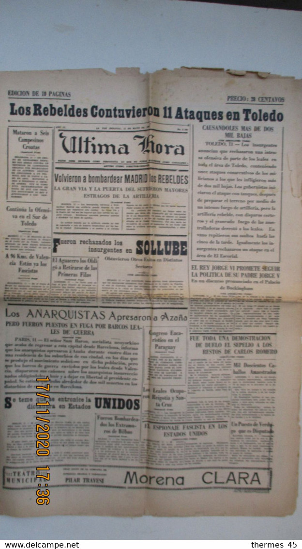 JOURNAL DE BOLIVIE / ULTIMA HORA / La Paz, 11 De Mayo De 1937 - Non Classés