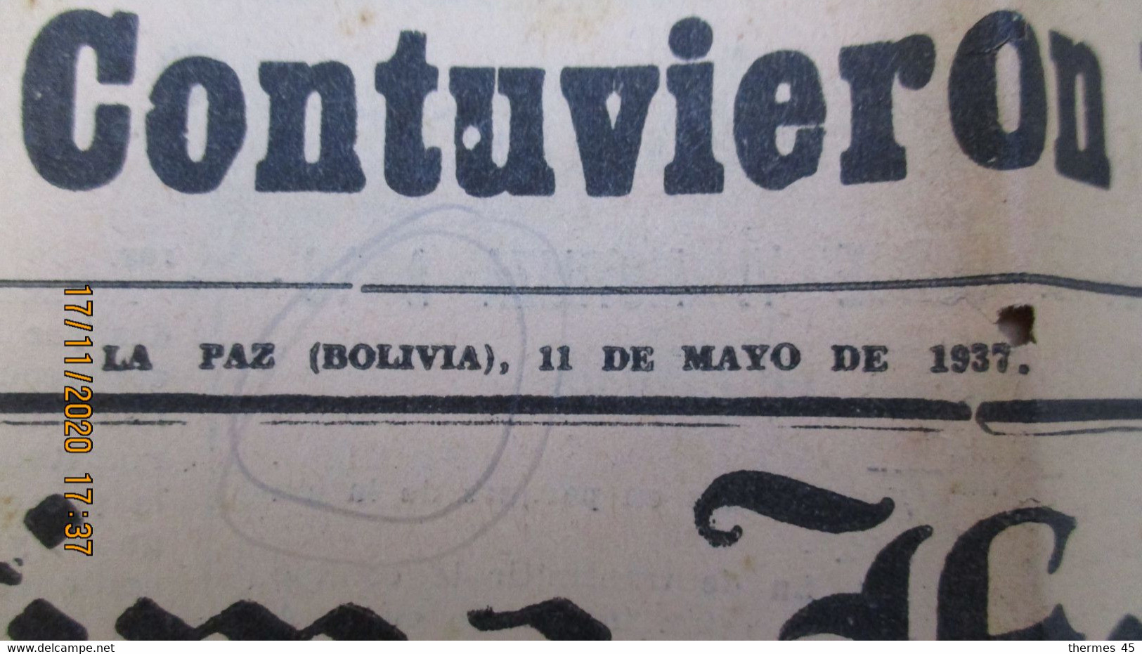 JOURNAL DE BOLIVIE / ULTIMA HORA / La Paz, 11 De Mayo De 1937 - Zonder Classificatie