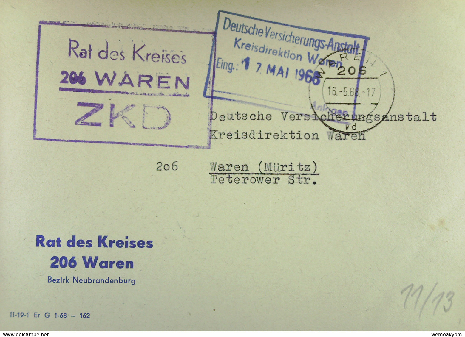 Orts-Brief Mit ZKD-Kastenstempel "Rat Des Kreises 206 WAREN" Vom 16.5.68 An Dt. Versicherungsanstalt Waren Mit Eing-Stpl - Lettres & Documents