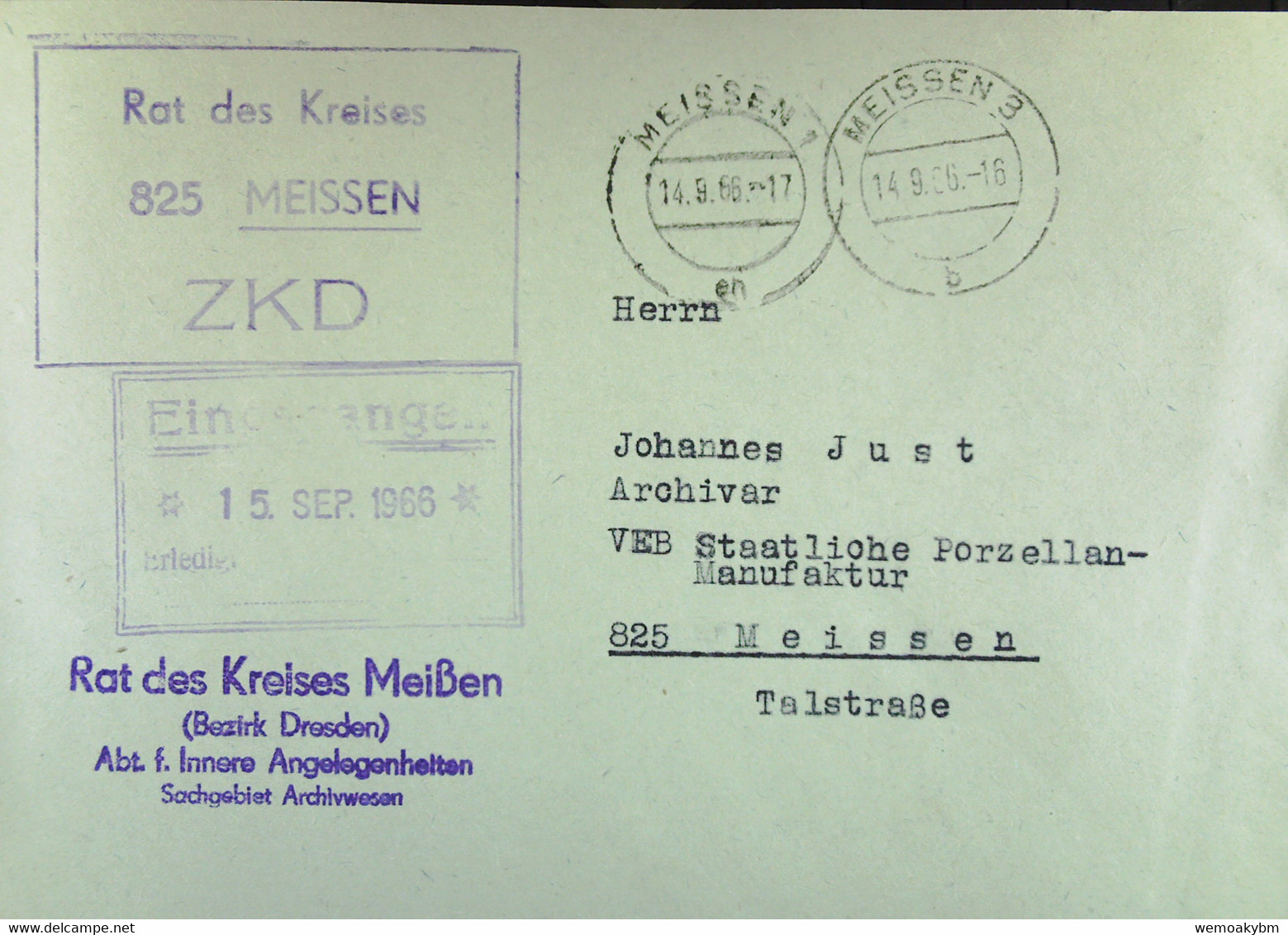 Orts-Brief Mit ZKD-Kastenstempel "Rat Des Kreises 825 MEISSEN" 14.9.66 An Archivar Der VEB Porzellan-Manufaktur Meißen - Lettres & Documents