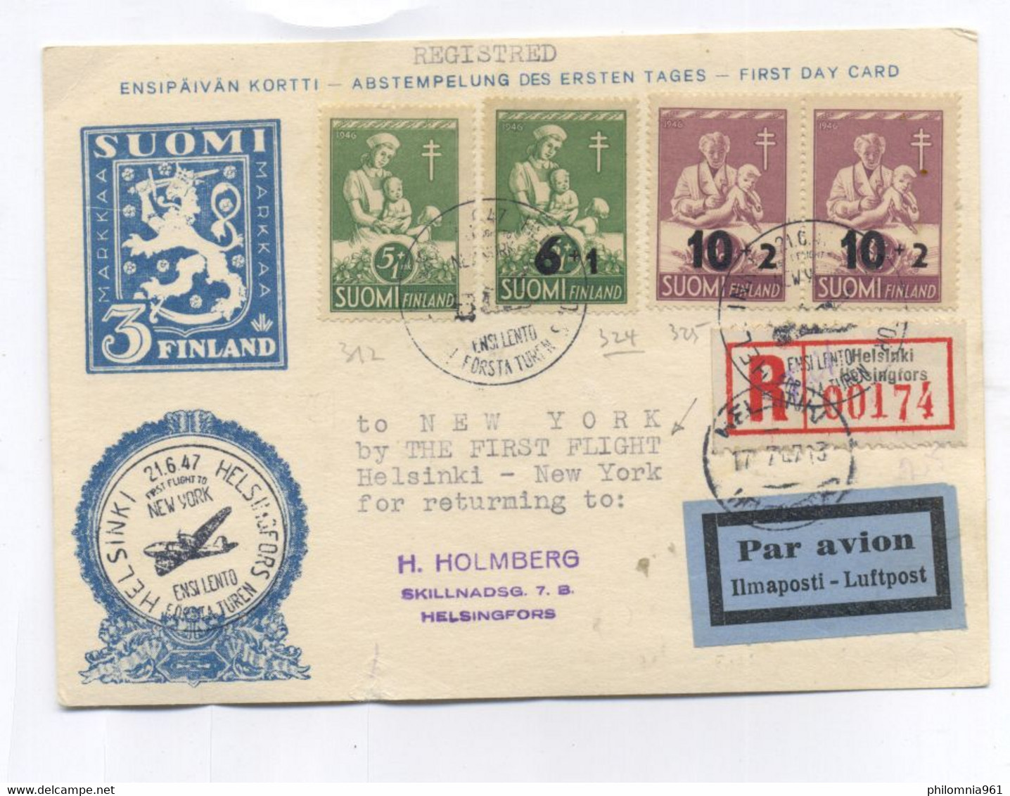 Finland FIRST FLIGHT COVER TO USA 1947 - Lettres & Documents