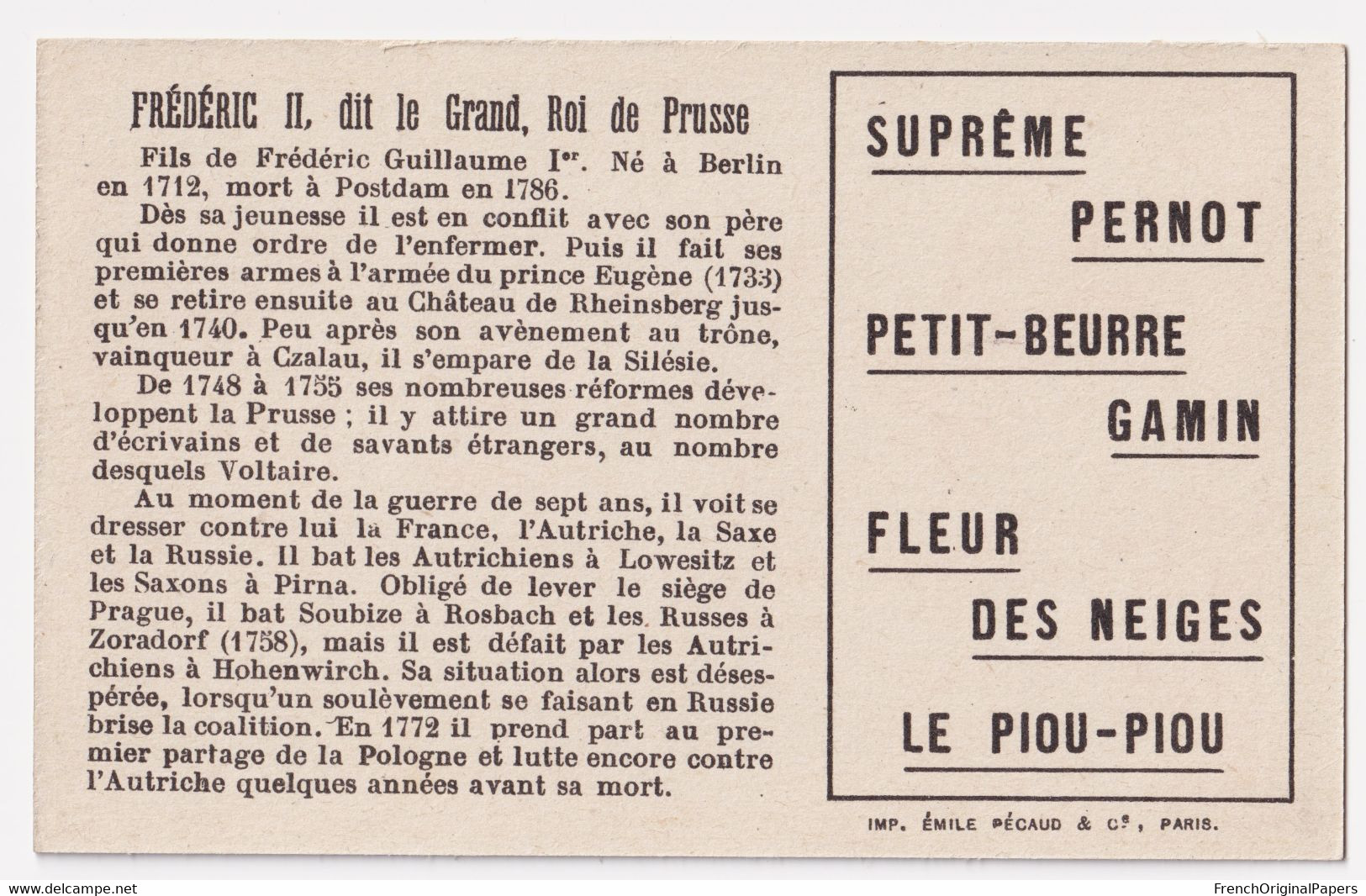 Chromo Didactique Biscuits Pernot - Homme Célèbre Frédéric II Roi De Prusse Allemagne Rheinsberg Armée Guerre D2-107 - Pernot