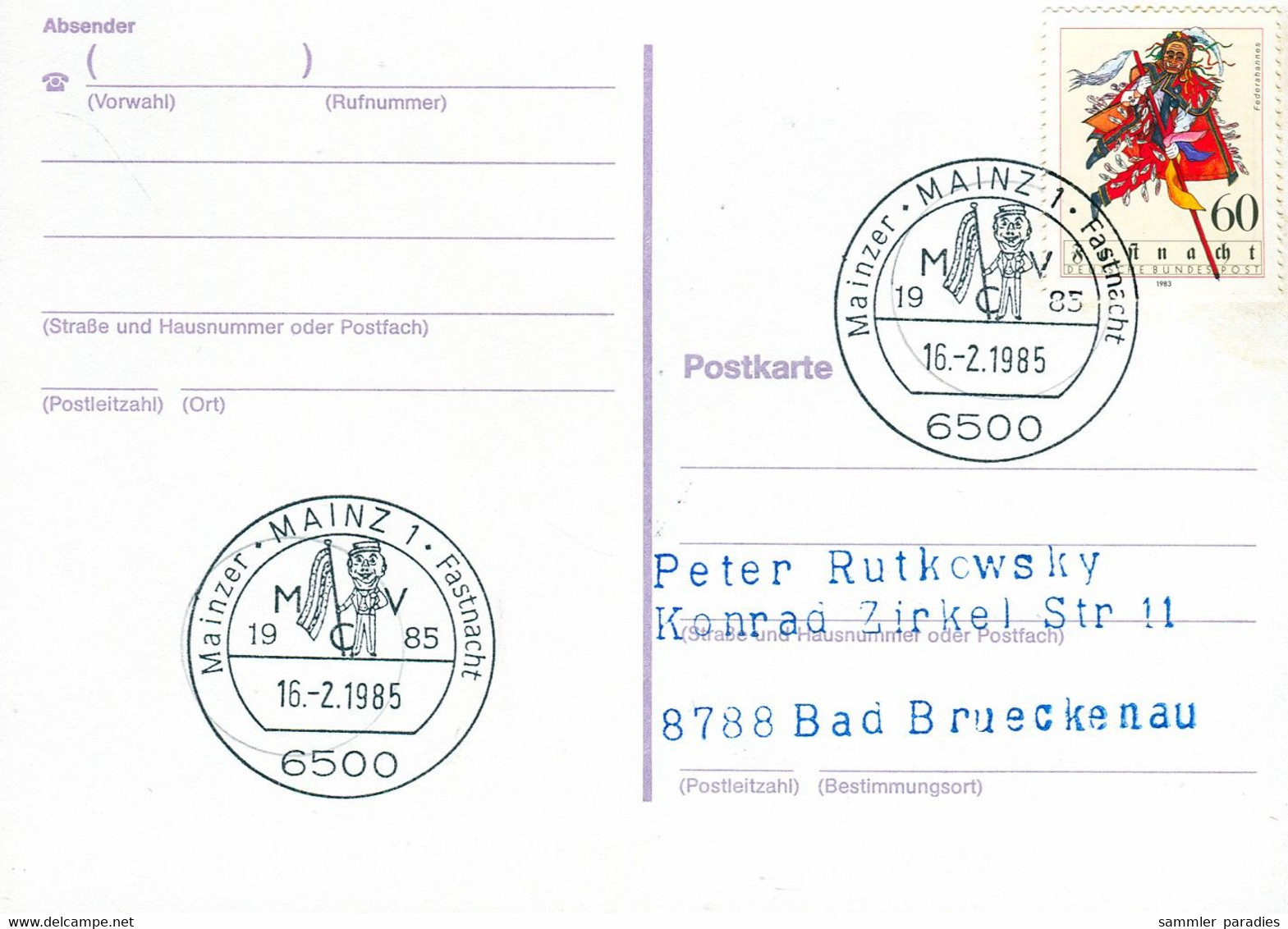 84029) BRD - Karte Mi 1167 - SoST 6500 MAINZ Vom 16.02.1985, Mainzer Fastnacht - Frankeermachines (EMA)