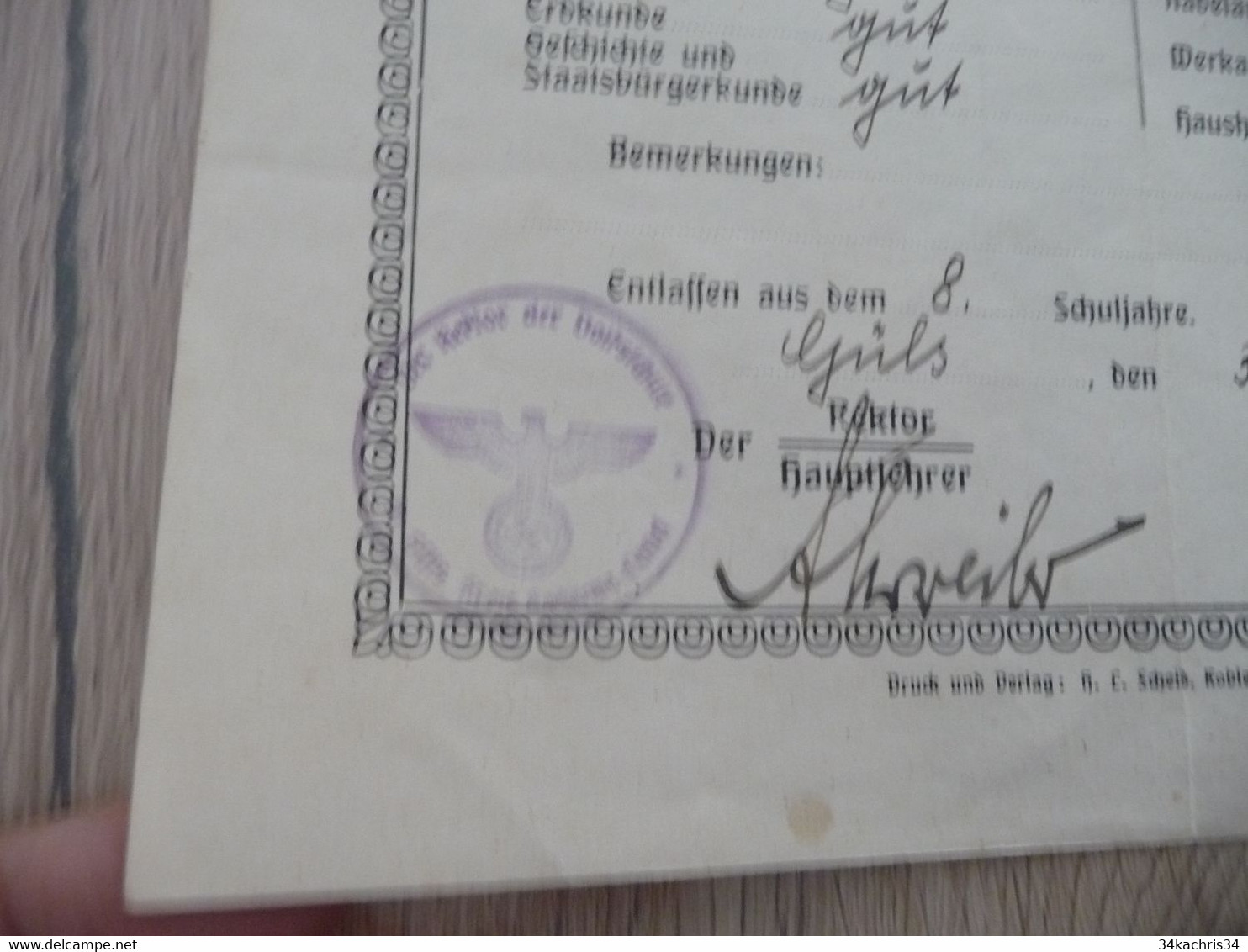 Guerre 39/45 WW2 Schul Entlassungs Zeugnis Certficat De Sortie 1941 Cachet - Documenti