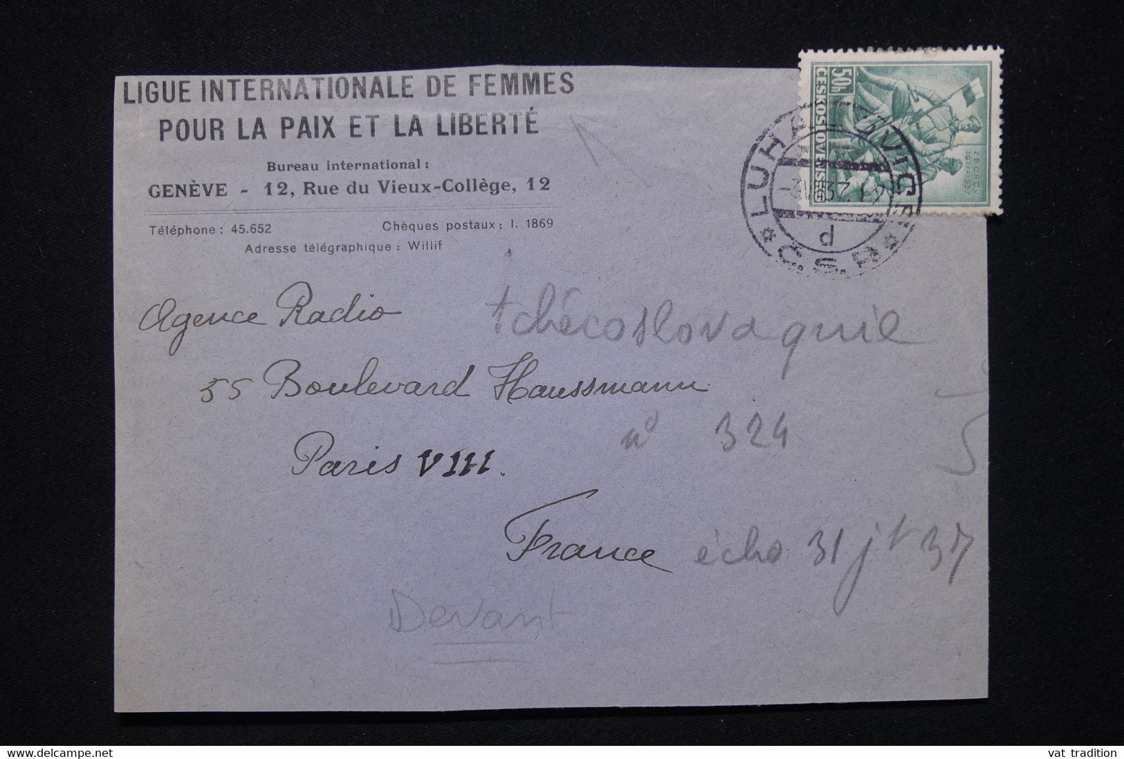 TCHECOSLOVAQUIE - Enveloppe ( Devant ) De La Ligue Internationale De Femmes Pour La Paix En 1937 Pour Paris - L 79833 - Briefe U. Dokumente