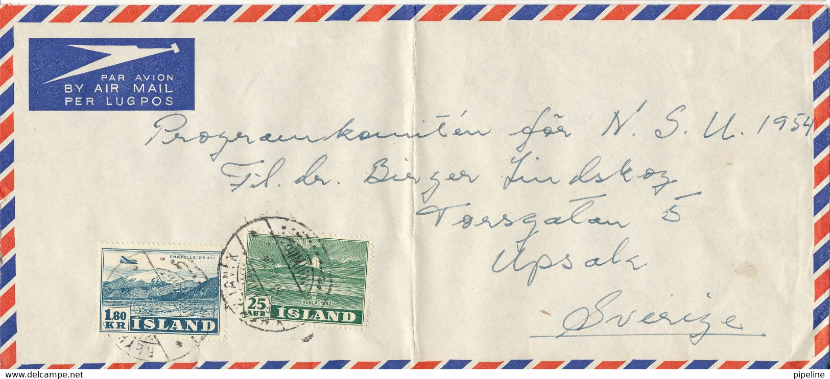 Iceland Air Mail Cover Sent To Sweden 1954 (very Good Franked) (bended Cover) - Poste Aérienne