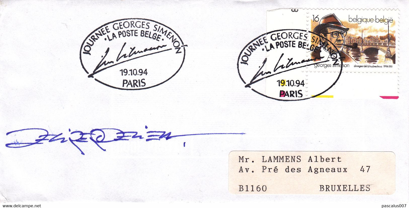 B01-224 Enveloppe Fdc 2579 Signé Dédicacée Belgique Georges Simenon 1903-1989 écrivain 2.75€ - 1991-2000