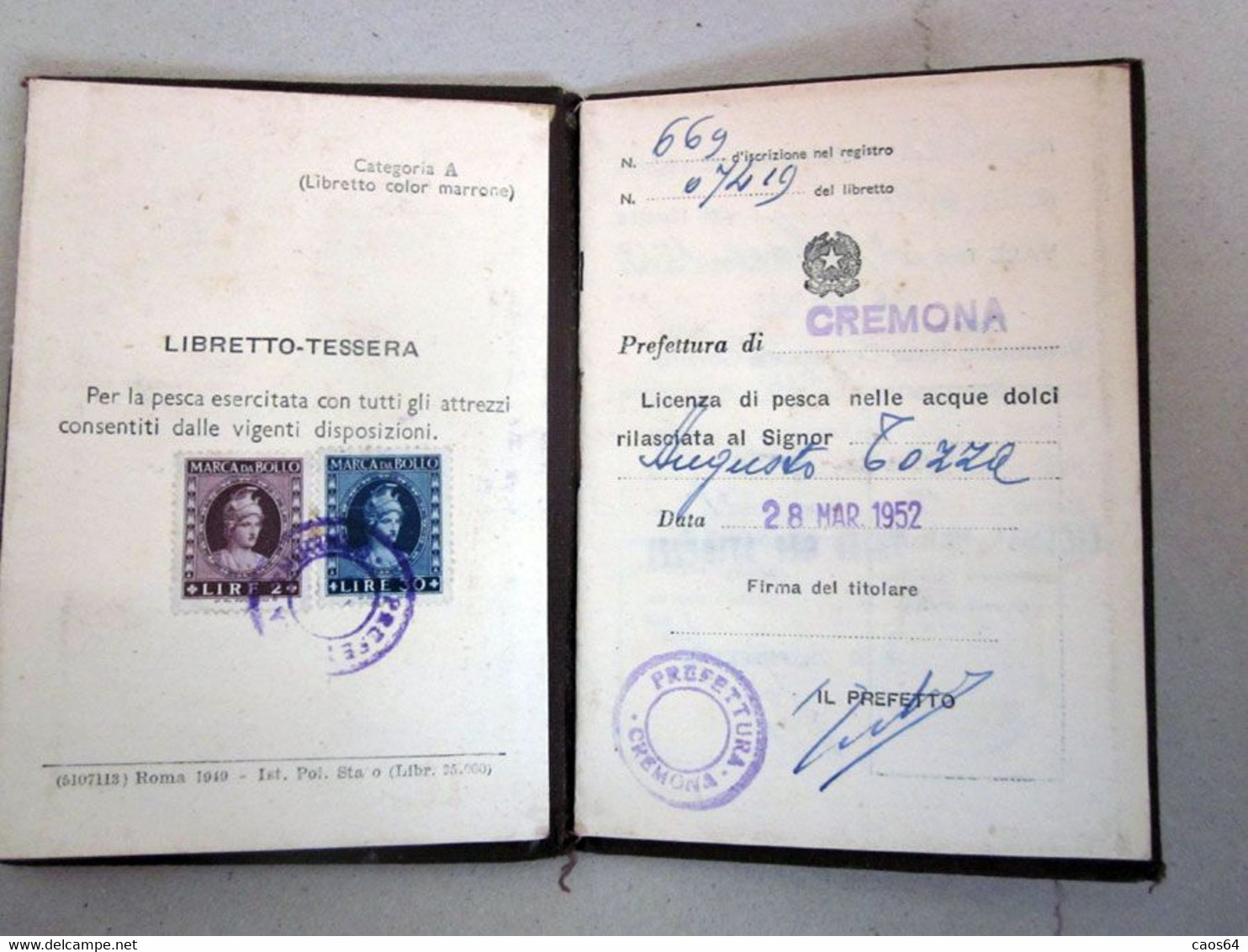 Licenza Di Pesca Nelle Acque Dolci Repubblica Italiana 1952 Cremona - Membership Cards