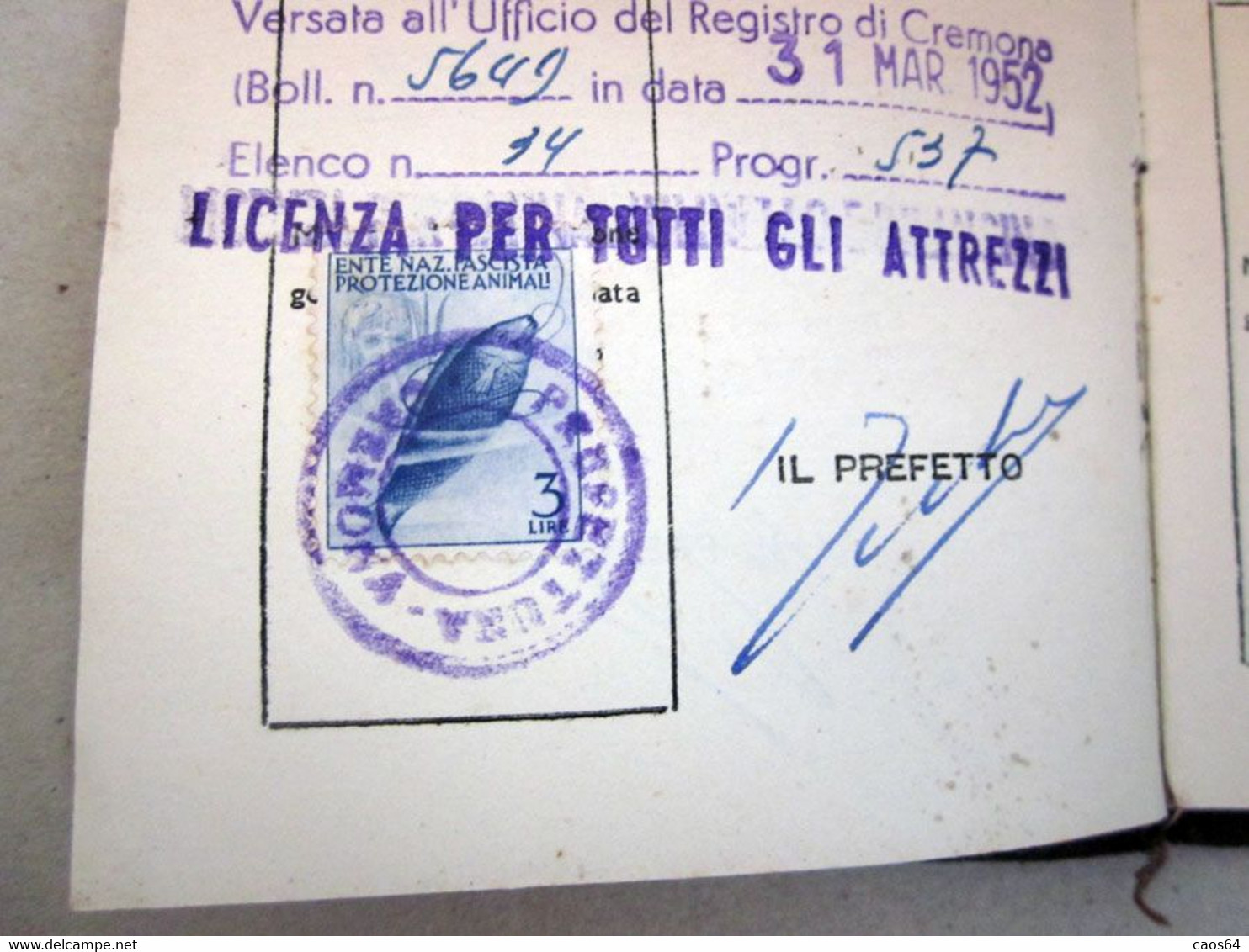 Licenza Di Pesca Nelle Acque Dolci Repubblica Italiana 1952 Cremona - Cartes De Membre