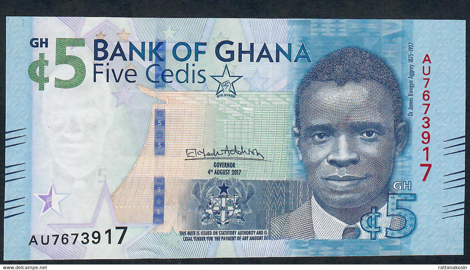 GHANA P44  5 CEDIS   4th  AUGUST 2017 #AU  = FIRST PREFIX        UNC. - Ghana