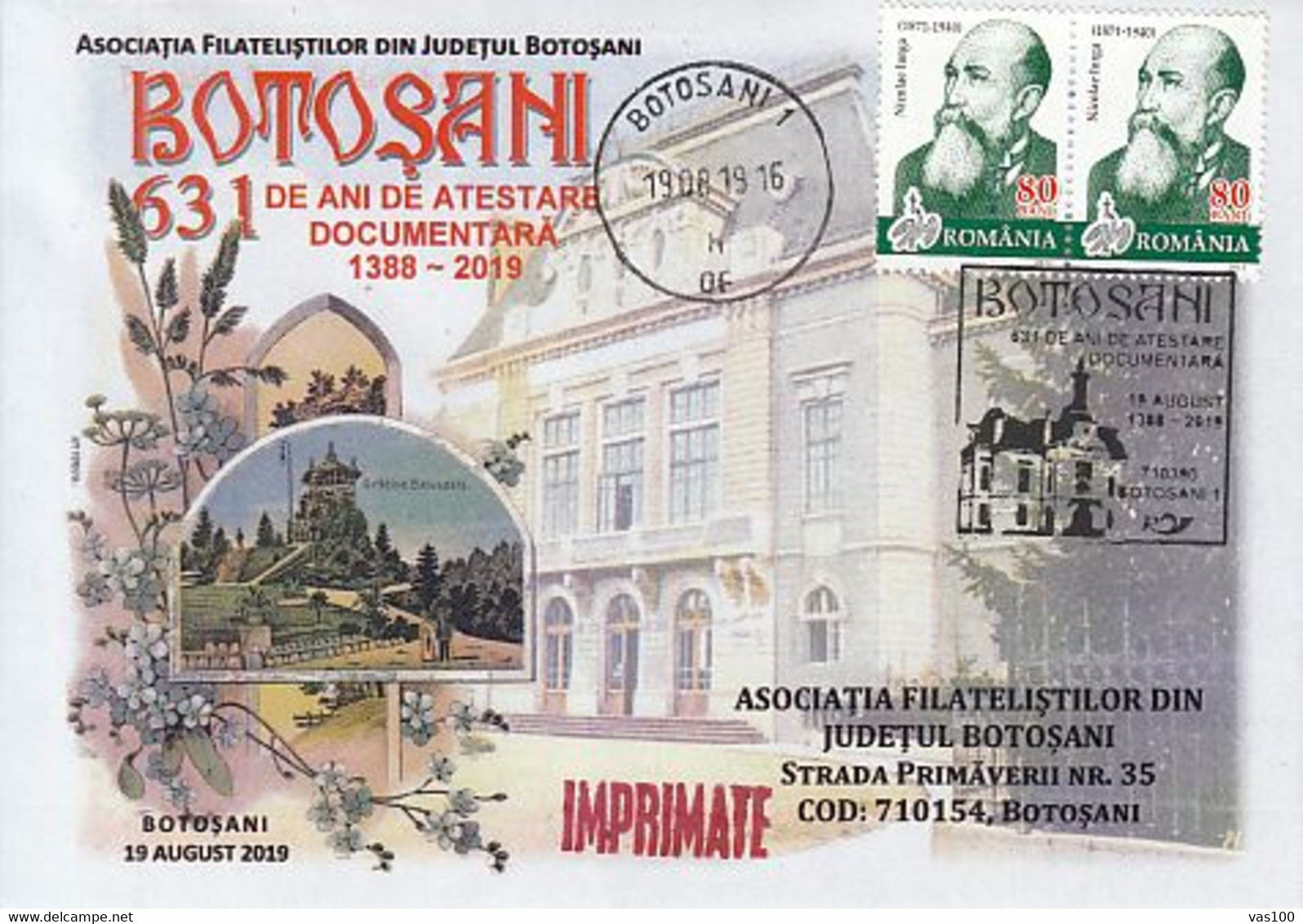 92053- BOTOSANI TOWN ANNIVERSARY, SPECIAL COVER, 2019, ROMANIA - Covers & Documents