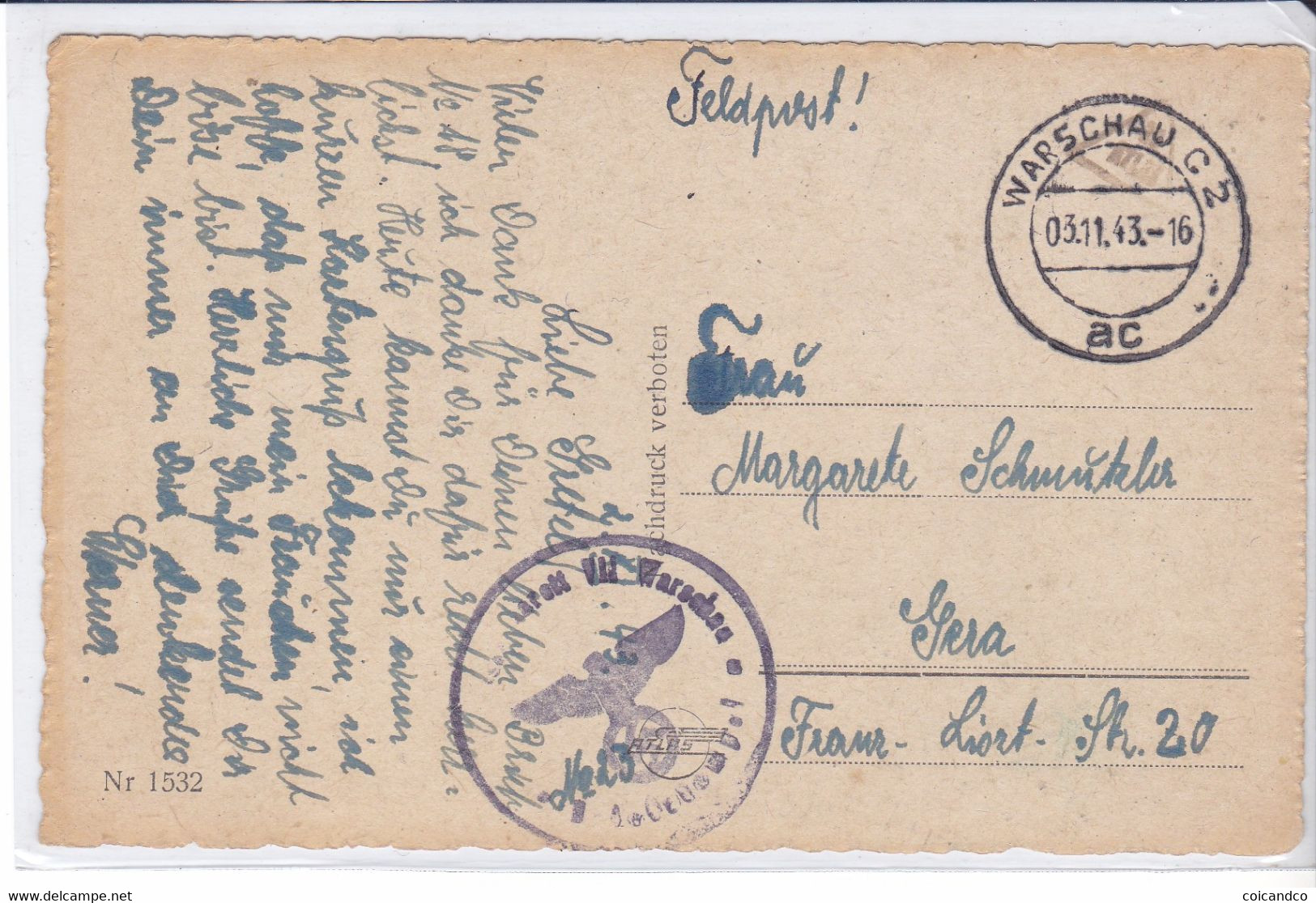 CPA Old Pc Pologne Varsovie Krakauer Ww2 1943 Postmark - Pologne