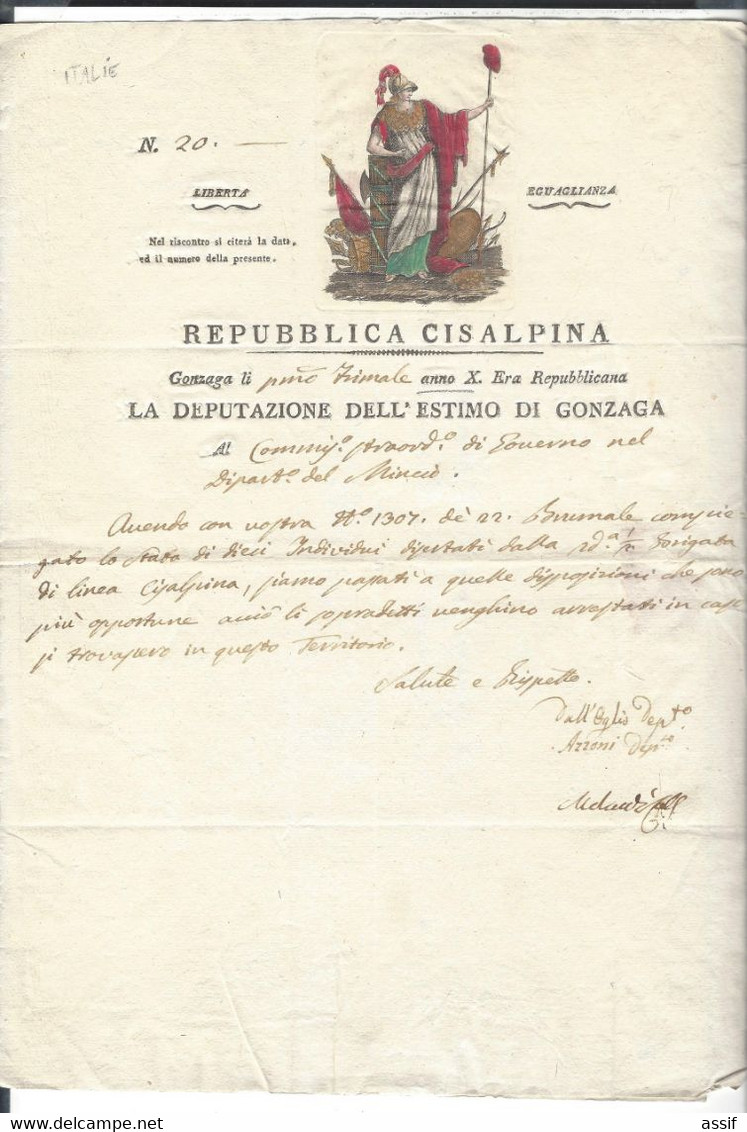 REPUBBLICA CISALPINA Gonzaga  1 Frimale Anno X ( 22.11.1801 ) Lettre Au Gouvern. Du Mincio , à Mantoue - Documents Historiques