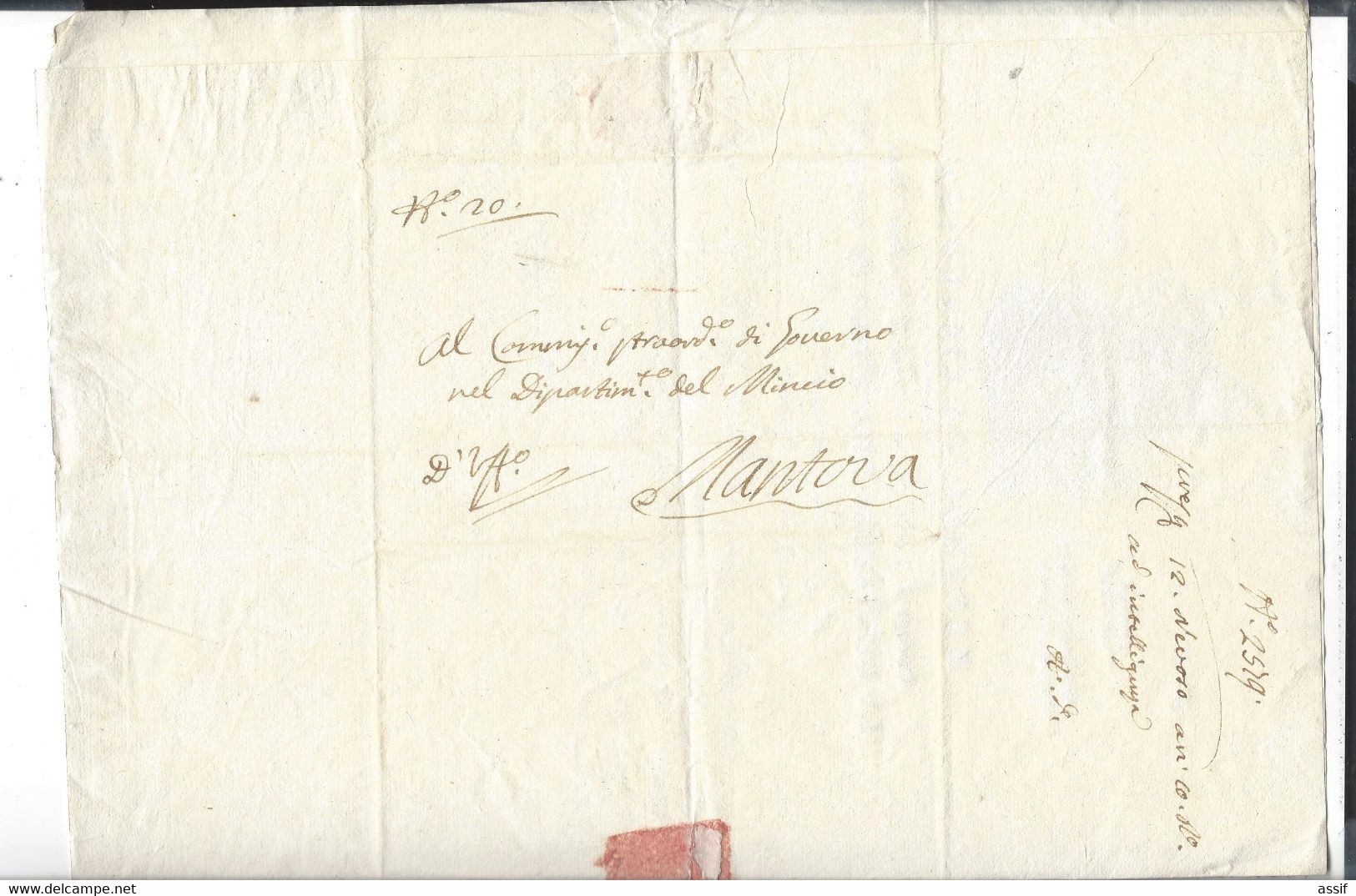 REPUBBLICA CISALPINA Gonzaga  1 Frimale Anno X ( 22.11.1801 ) Lettre Au Gouvern. Du Mincio , à Mantoue - Documents Historiques