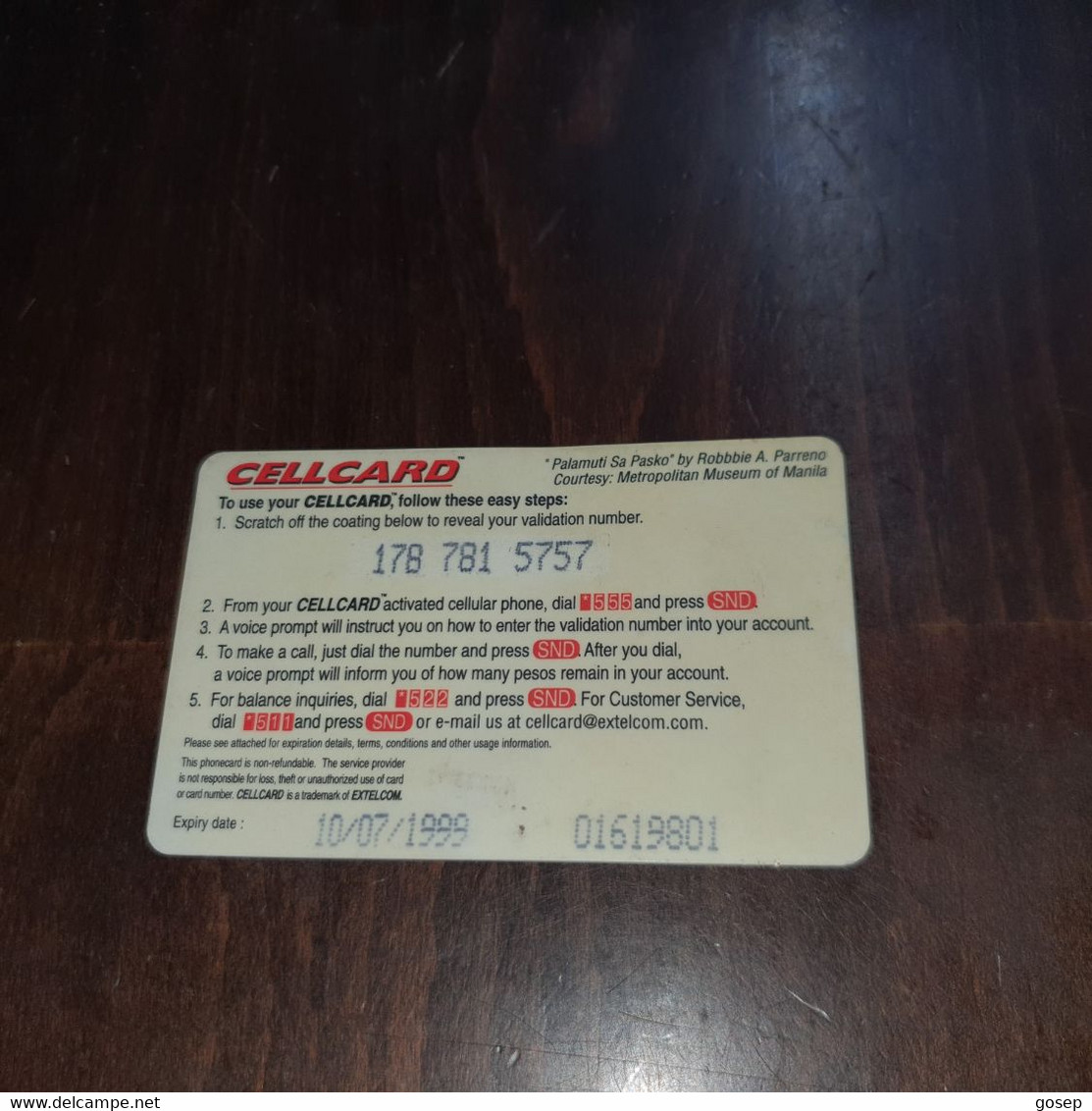 Phillipines-cellcard Exelcom Plastic Card-(p250)-(10.7.1999)-used Card +1card Prepiad Free - Philippines