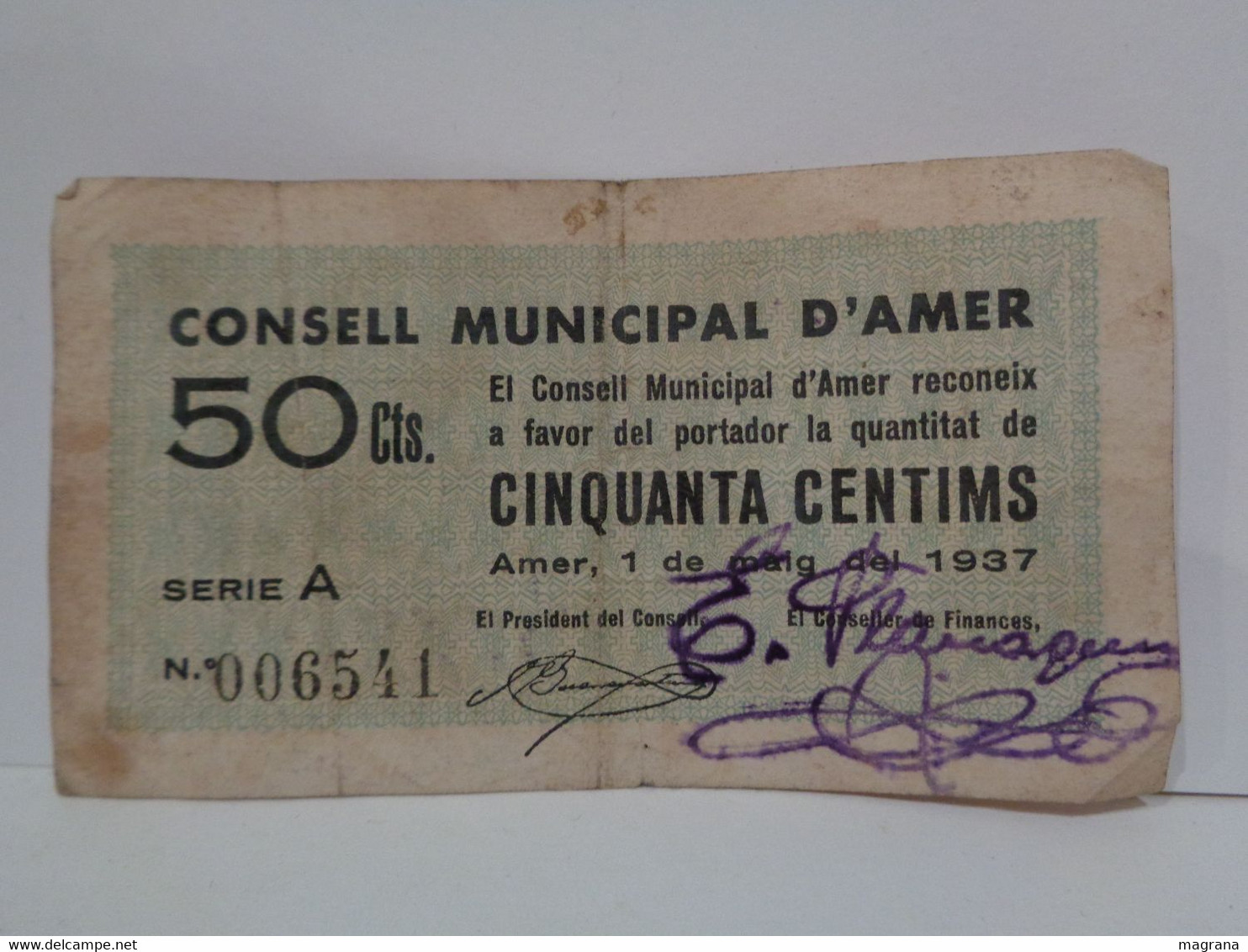 Lote De 4 Billetes Municipales De Amer. 50 Centims Y 1 Pesseta. 1 Maig 1937. Guerra Civil De España. - Otros & Sin Clasificación