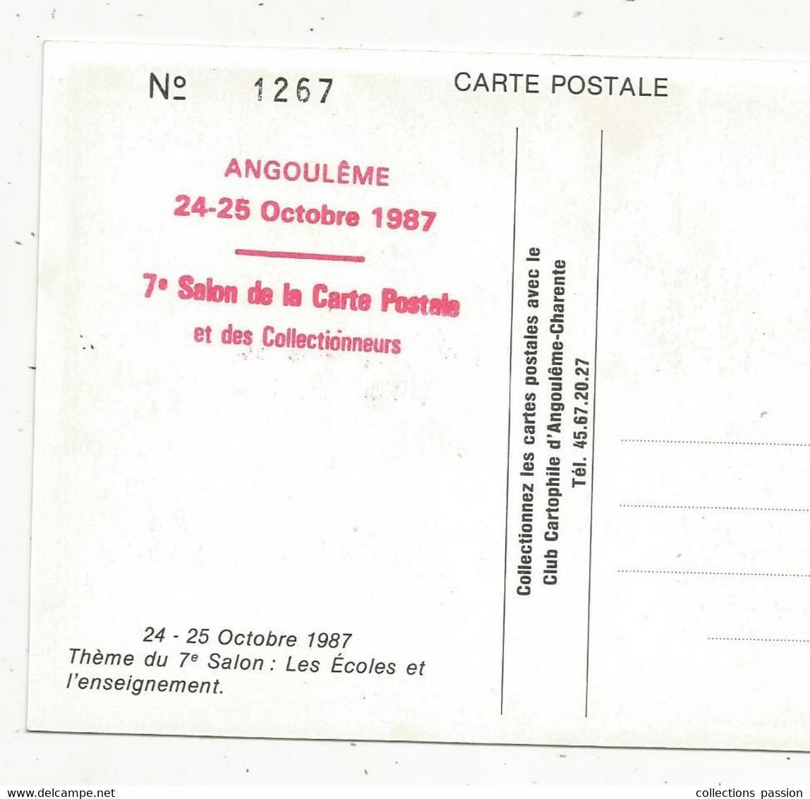 Cp, Bourses & Salons De Collections, 7 E Salon De La Carte Postale ,ANGOULEME 1987, Théme: Les écoles Et L'enseignement - Bourses & Salons De Collections