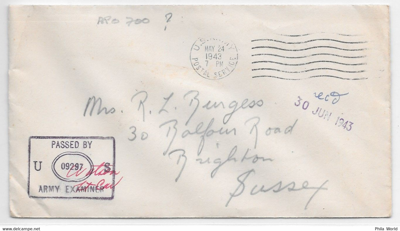 WW2 - 1943 MAY 24 -  APO ? US ARMY POSTAL OFFICE En FRANCHISE Sur Lettre CENSORED EXAMINER 09297 > SUSSEX - Guerre Mondiale (Seconde)